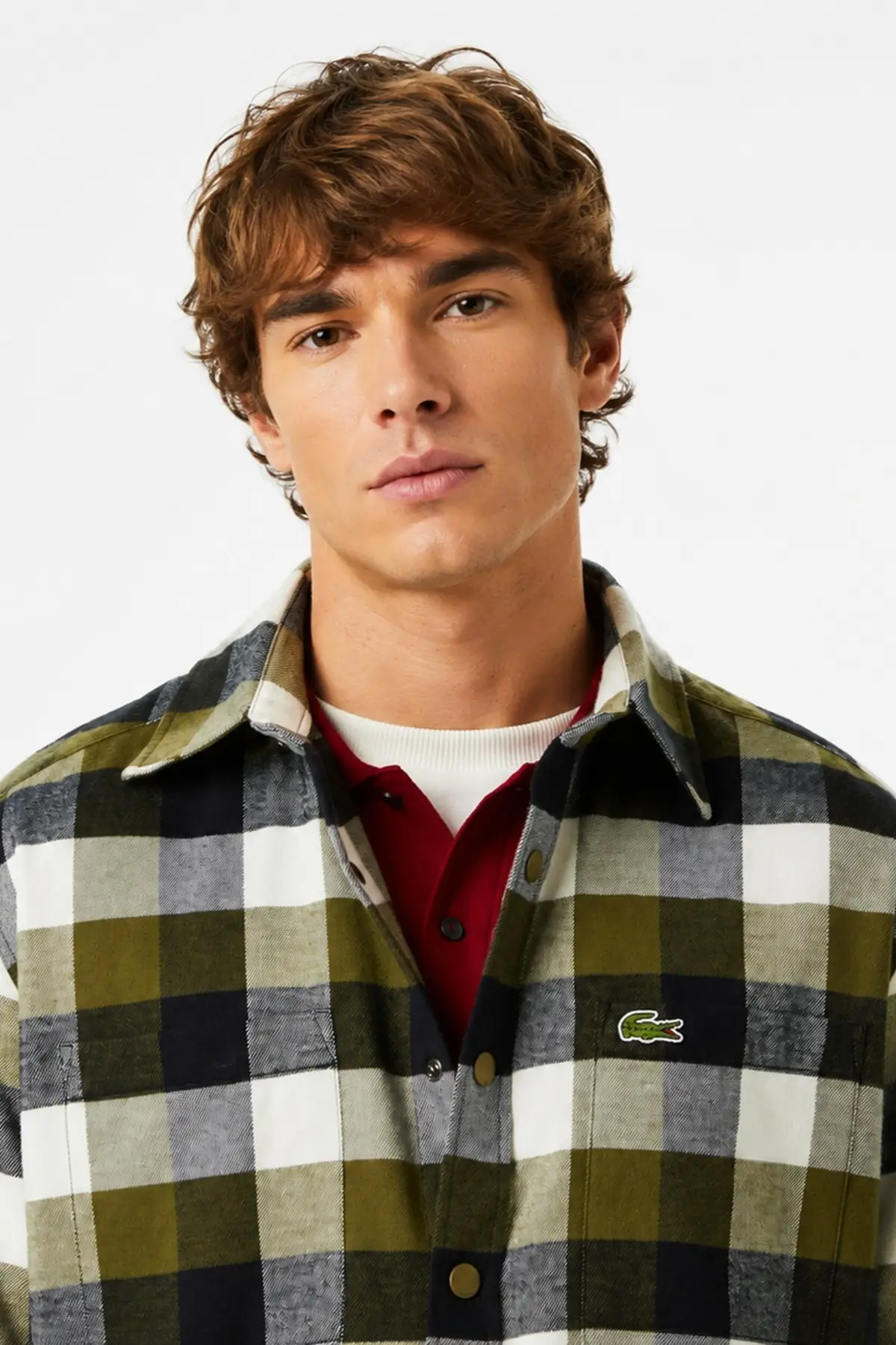 CH2640-E9F Lacoste Men's Relaxed Fit Button-Down Linen Shirt Rahat Kesim Pamuklu Kareli Erkek Gömlek Haki