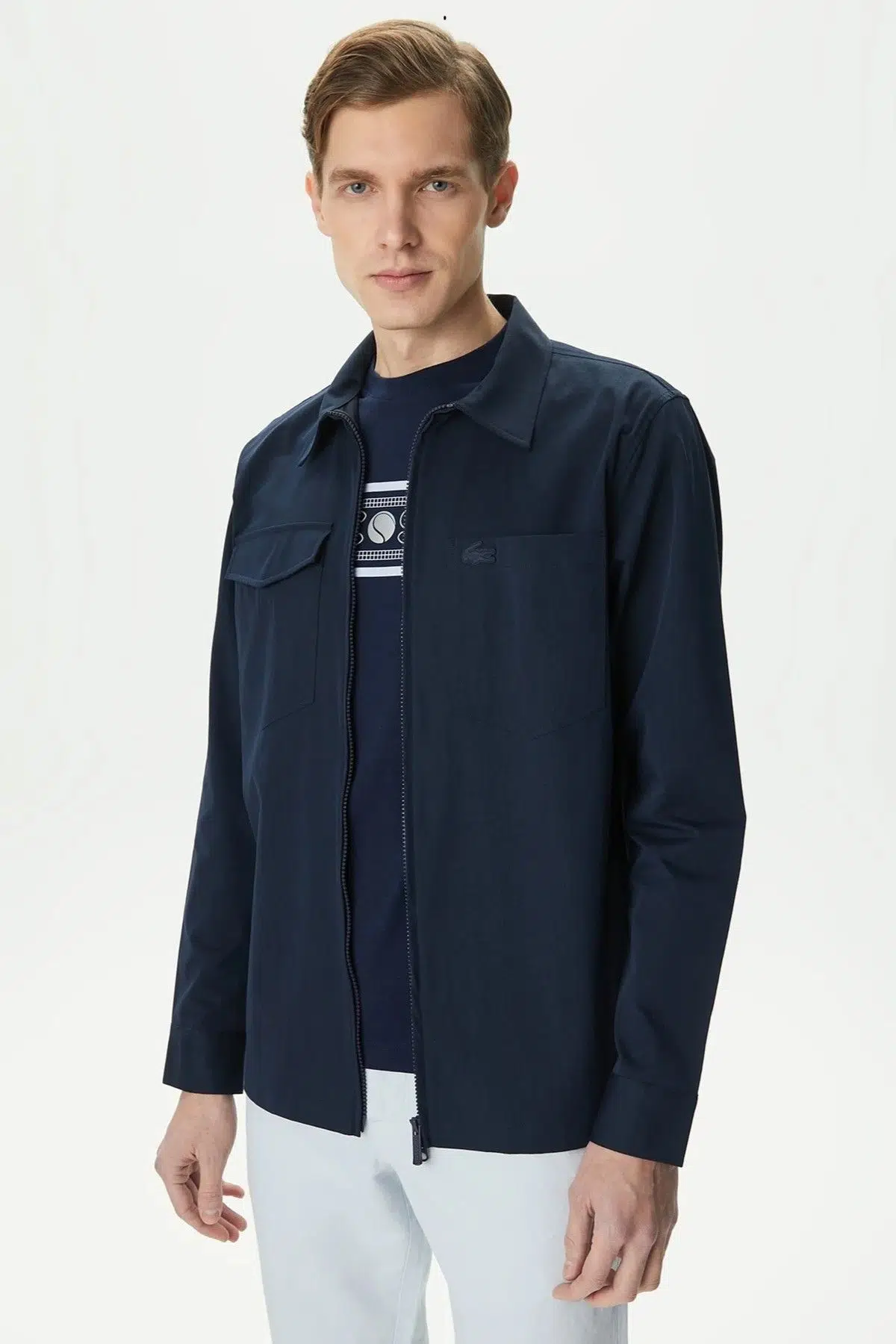 Lacoste Men's Relaxed Fit Full Zip Shirt Rahat Kesim Tam Fermuar Erkek Gömlek Lacivert
