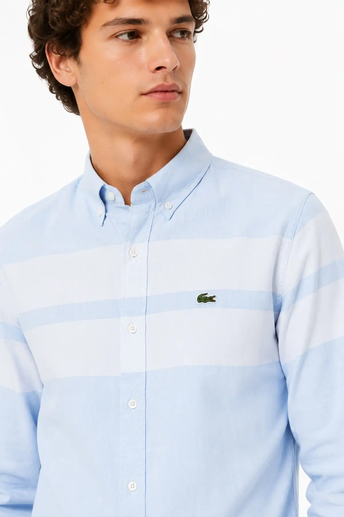 CH0402-T01 Lacoste Men's Slim Fit Blue Shirt Slim Fit Pamuklu Renk Bloklu Erkek Gömlek Mavi