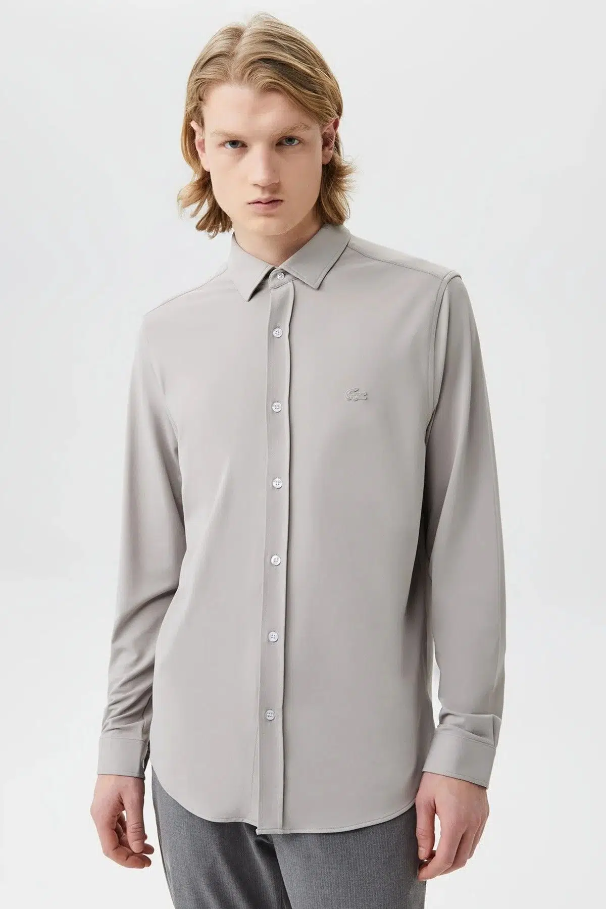 Lacoste Men's Slim Fit Button-Down Collar Linen Shirt Erkek Düğmeli Yaka Esnek Gömlek Gri
