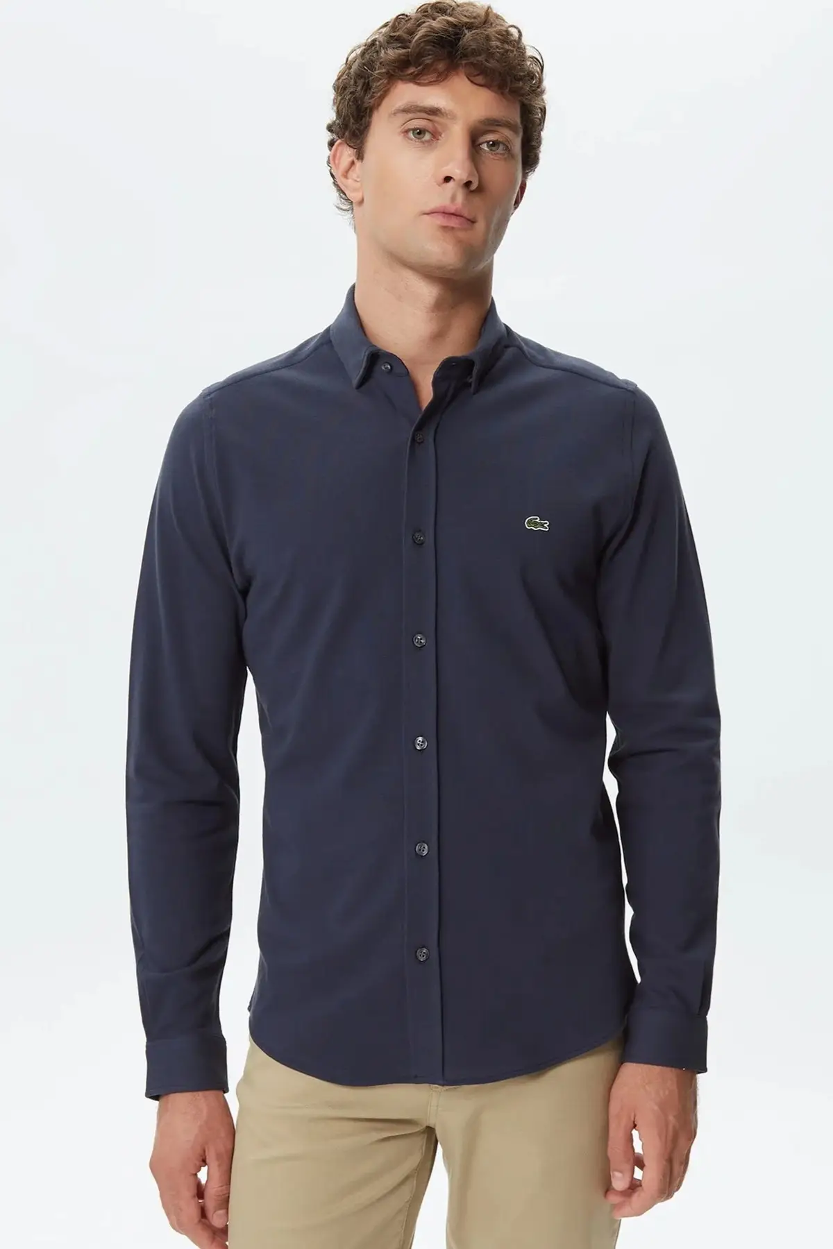 CH0337.166 Lacoste Men's Slim Fit Button-Down Collar Linen Shirt Erkek Düğmeli Yaka Pamuklu Gömlek Lacivert