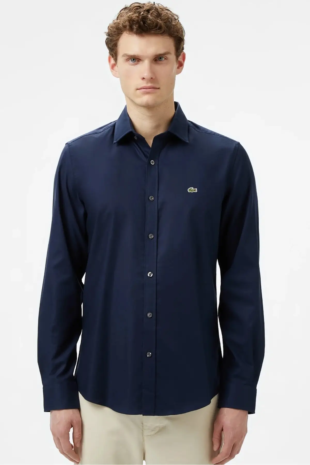 CH0339.39L Lacoste Men's Slim Fit Button-Down Collar Linen Shirt Erkek Düğmeli Yaka Pamuklu Gömlek Lacivert