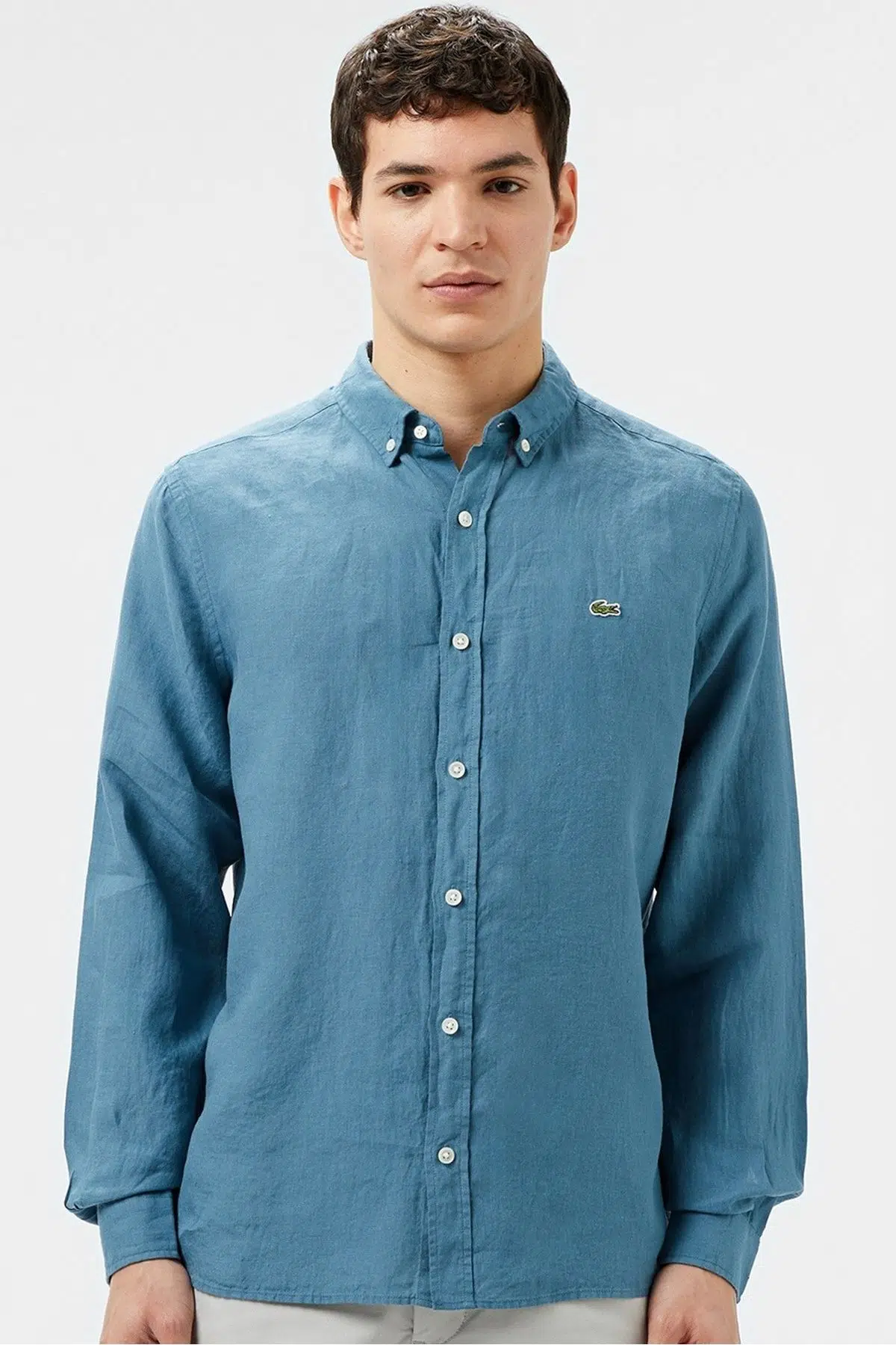 Lacoste Men's Regular Fit Button-Down Collar Linen Shirt Blue Erkek Düğmeli Yaka Keten Gömlek Mavi