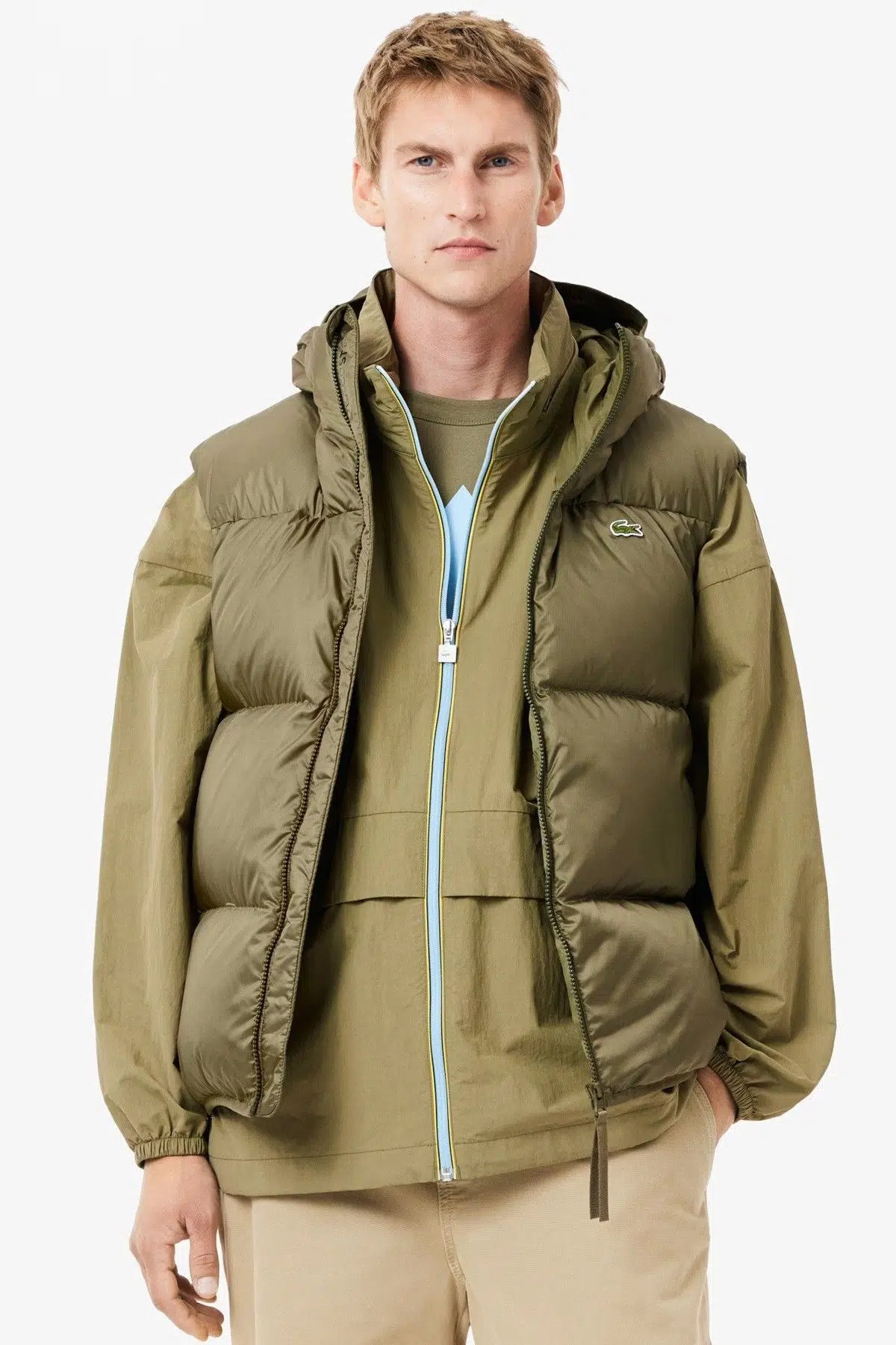 Lacoste Men's Water-Resistant Puffer Vest Kaz tüyü Dolgu Sabit Kapüşonlu Suitici Yelek Haki