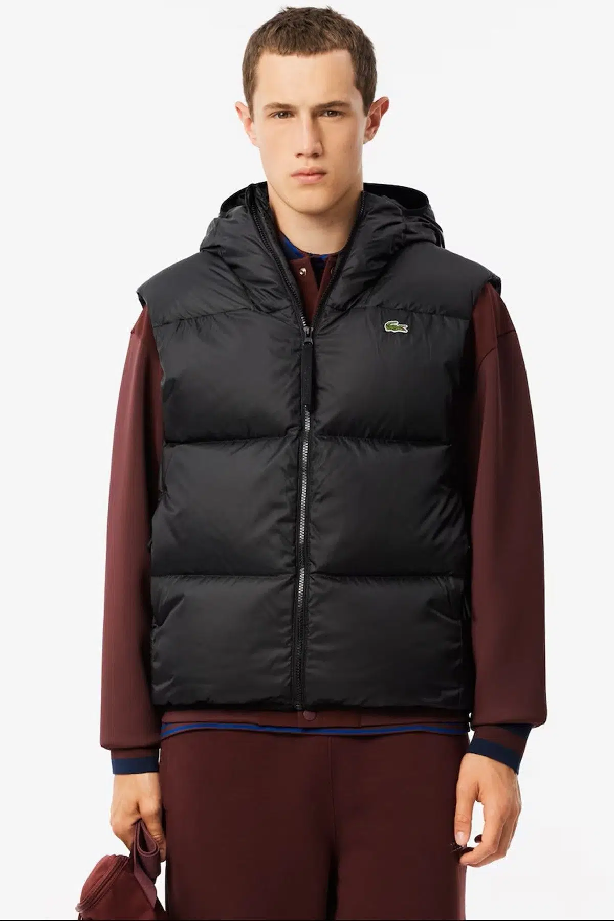 Lacoste Men's Waterrepellent Puffer Vest Kaz tüyü Dolgu Sabit Kapüşonlu Suitici Yelek Siyah
