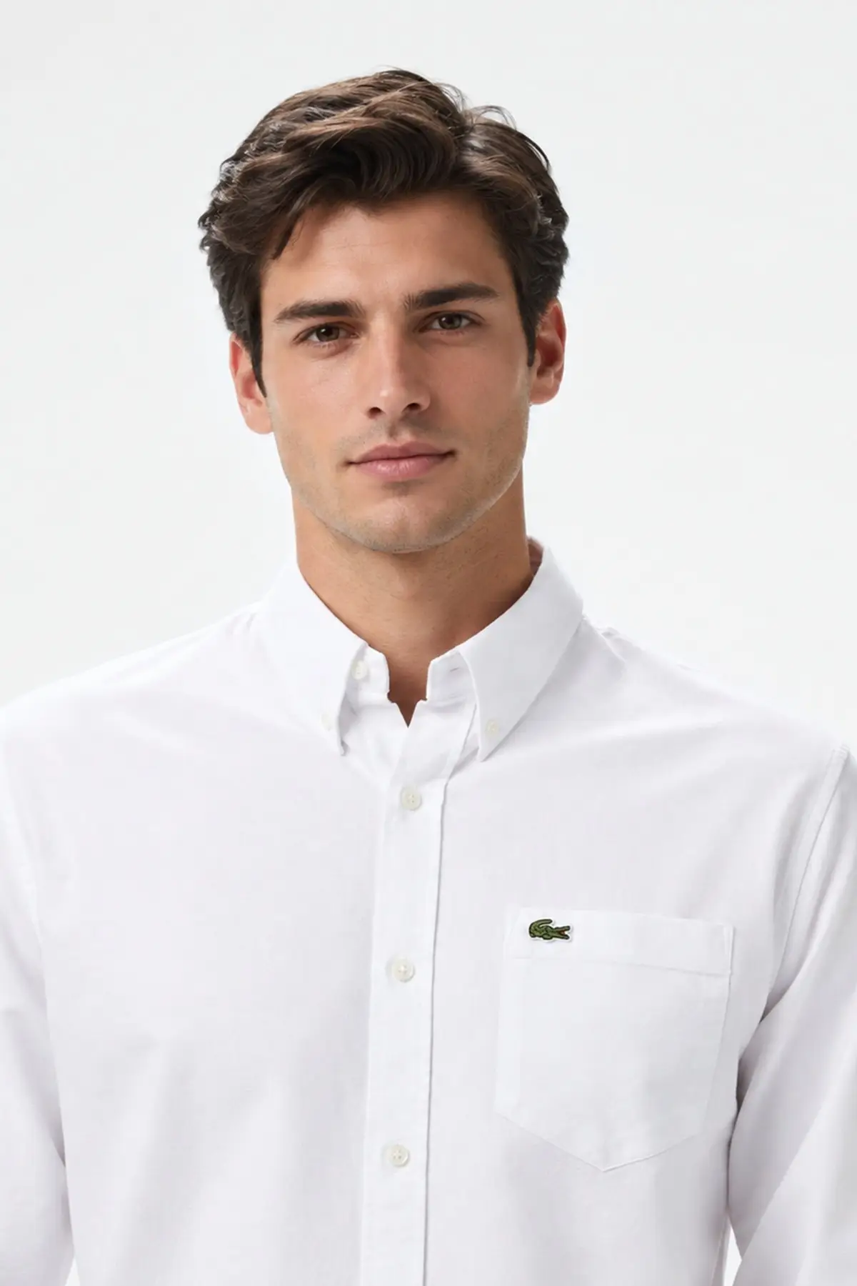 CH0511-001 Lacoste Mens Regular Fit White Shirt Standart Kesim Çıtçıt Düğmeli Fermuar Cepli Erkek Gömlek Beyaz