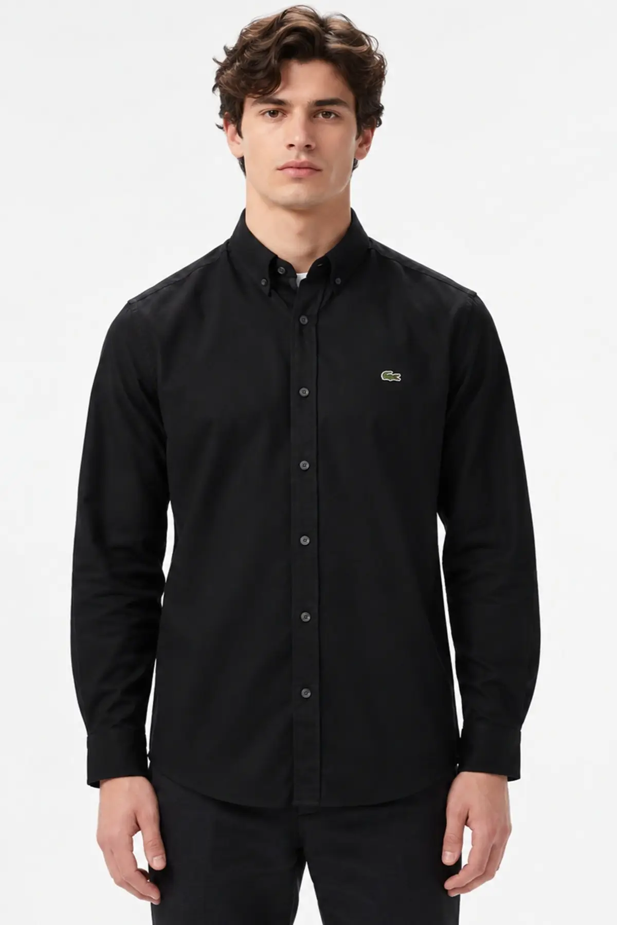 CH0338-38S Lacoste Mens Slim Fit Black Cotton Shirt Dar Kesim Pamuklu Erkek Gömlek Black