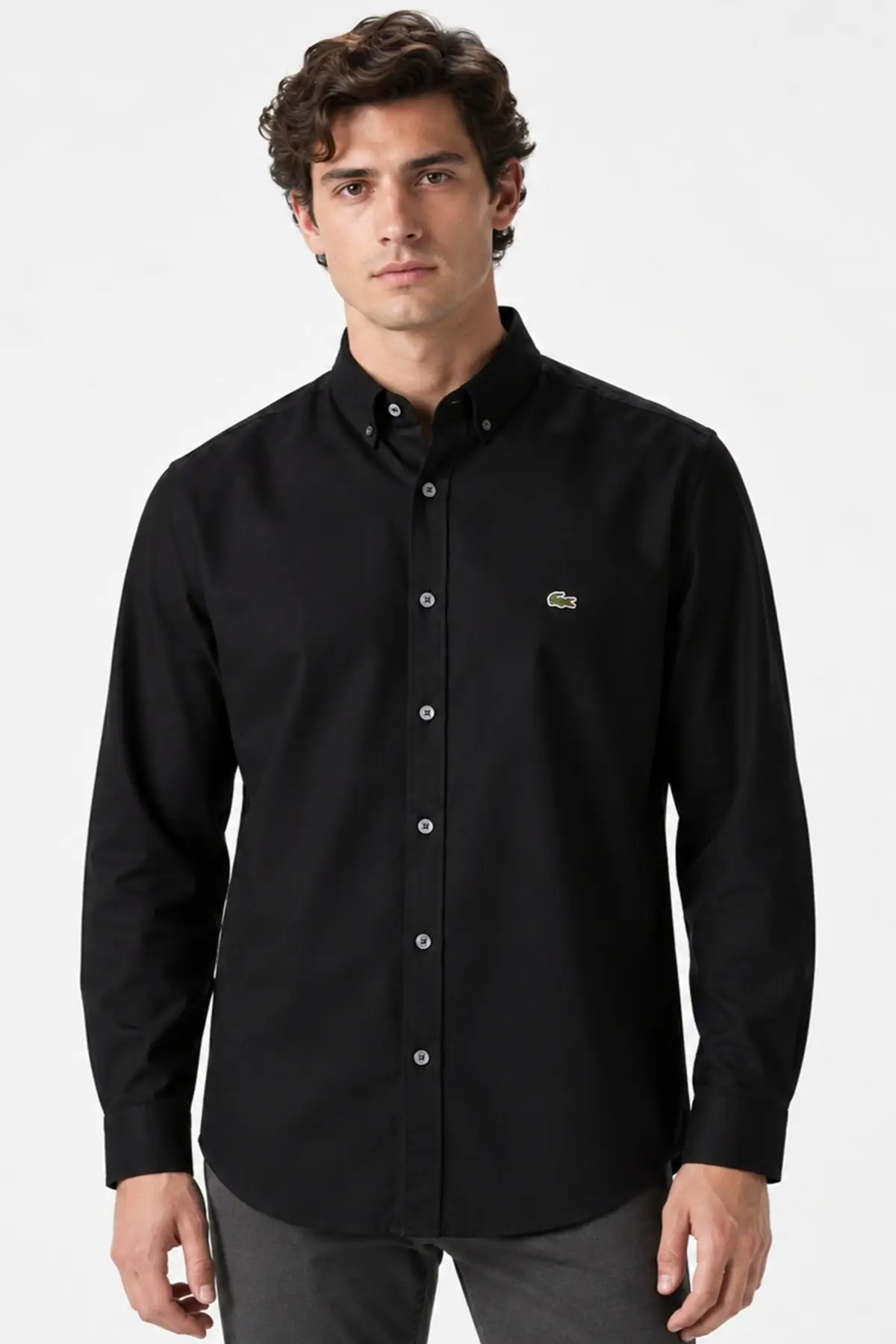 CH0342-031 Lacoste Mens Slim Fit Black Shirt Dar Kesim Pamuklu Erkek Gömlek Siyah
