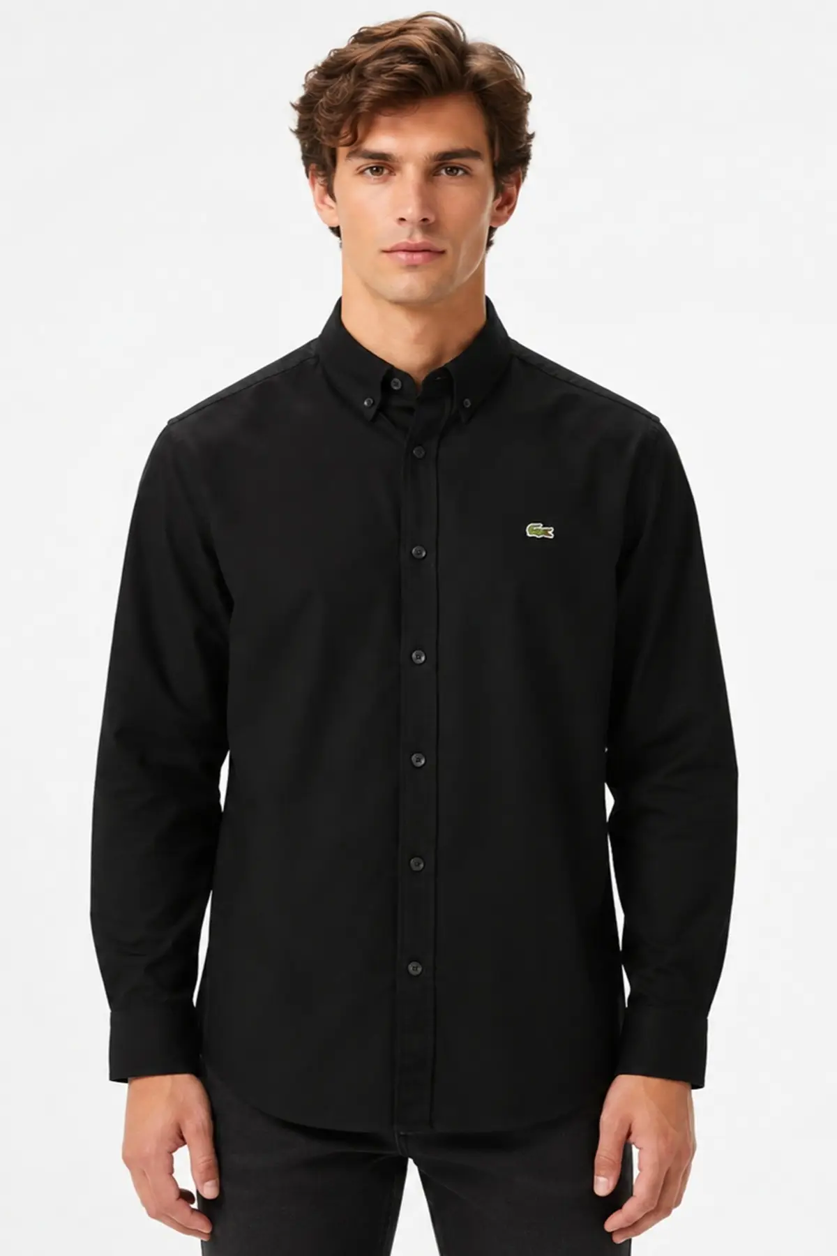 CH2561.031 Lacoste Mens Slim Fit Black Shirt Dar Kesim Pamuklu Erkek Gömlek Siyah