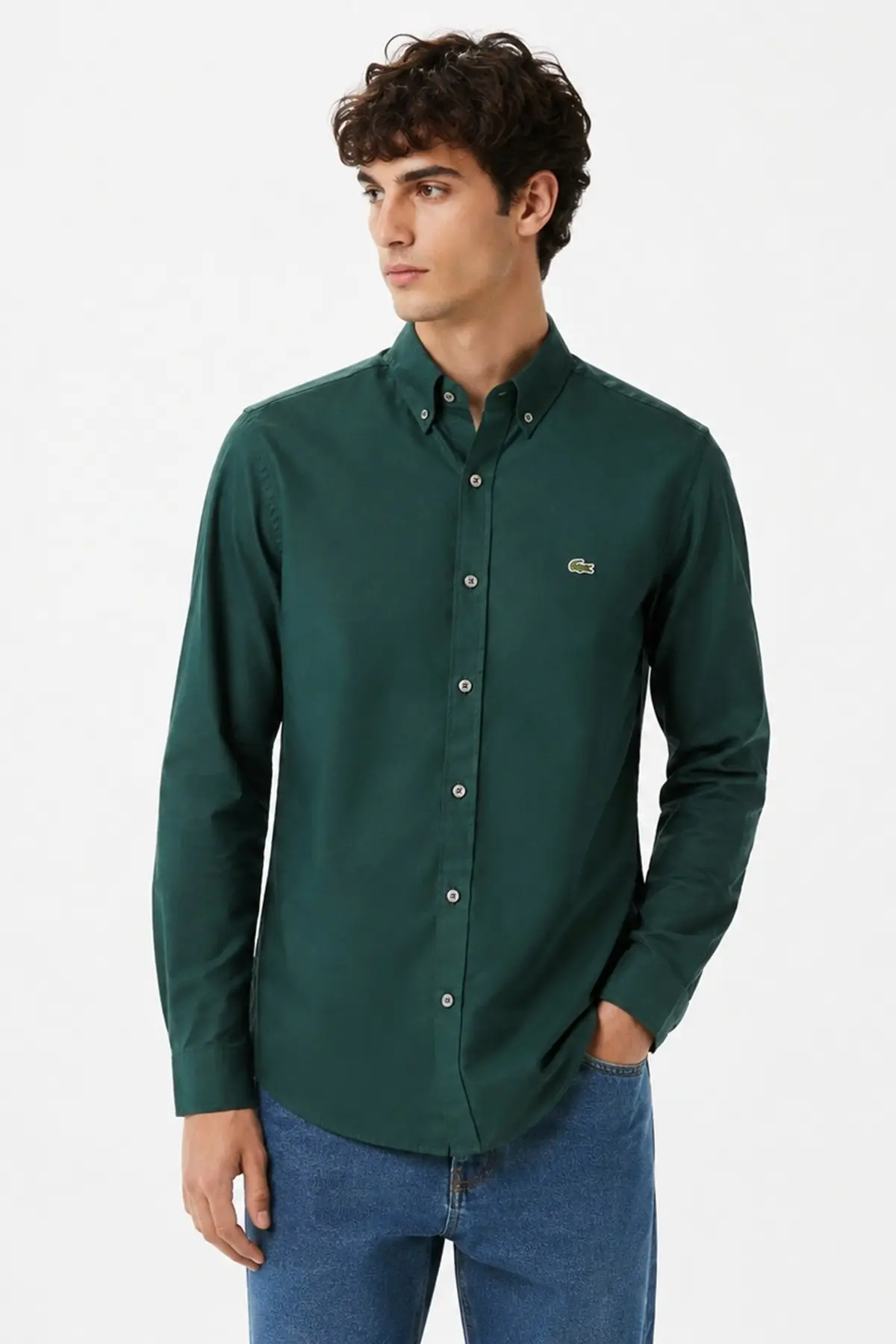 CH0342-YZP Lacoste Mens Slim Fit Green Shirt Dar Kesim Pamuklu Erkek Gömlek Yeşil