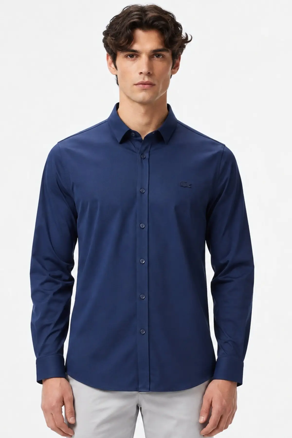 CH0531.166 Lacoste Mens Slim Fit Navy Cotton Shirt Dar Kesim Erkek Gömlek Lacivert