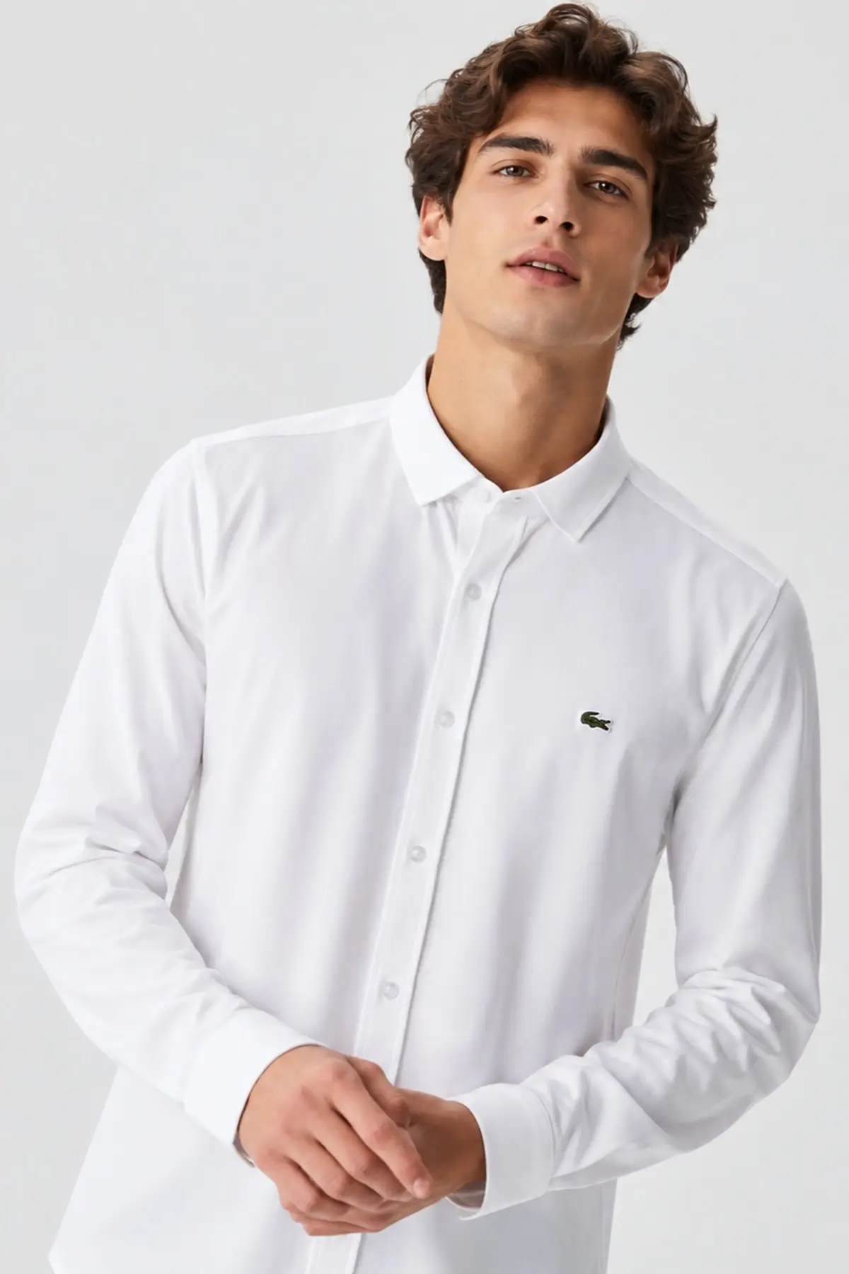 CH0511-001 Lacoste Mens Regular Fit White Shirt Standart Kesim Çıtçıt Düğmeli Fermuar Cepli Erkek Gömlek Beyaz