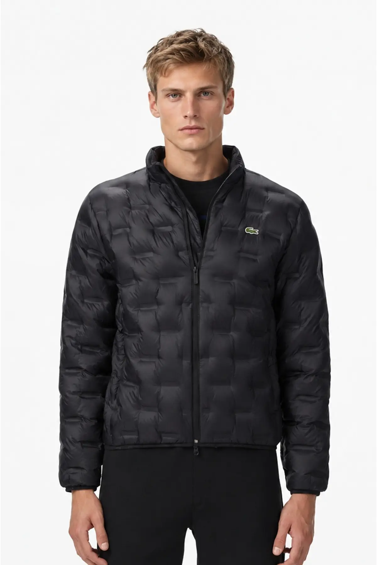 BH2502-031 Lacoste Modern Kapitone Down Fill Jacket Kaztüyü Dolgu Gizli Kapüşonlu Siyah Mont
