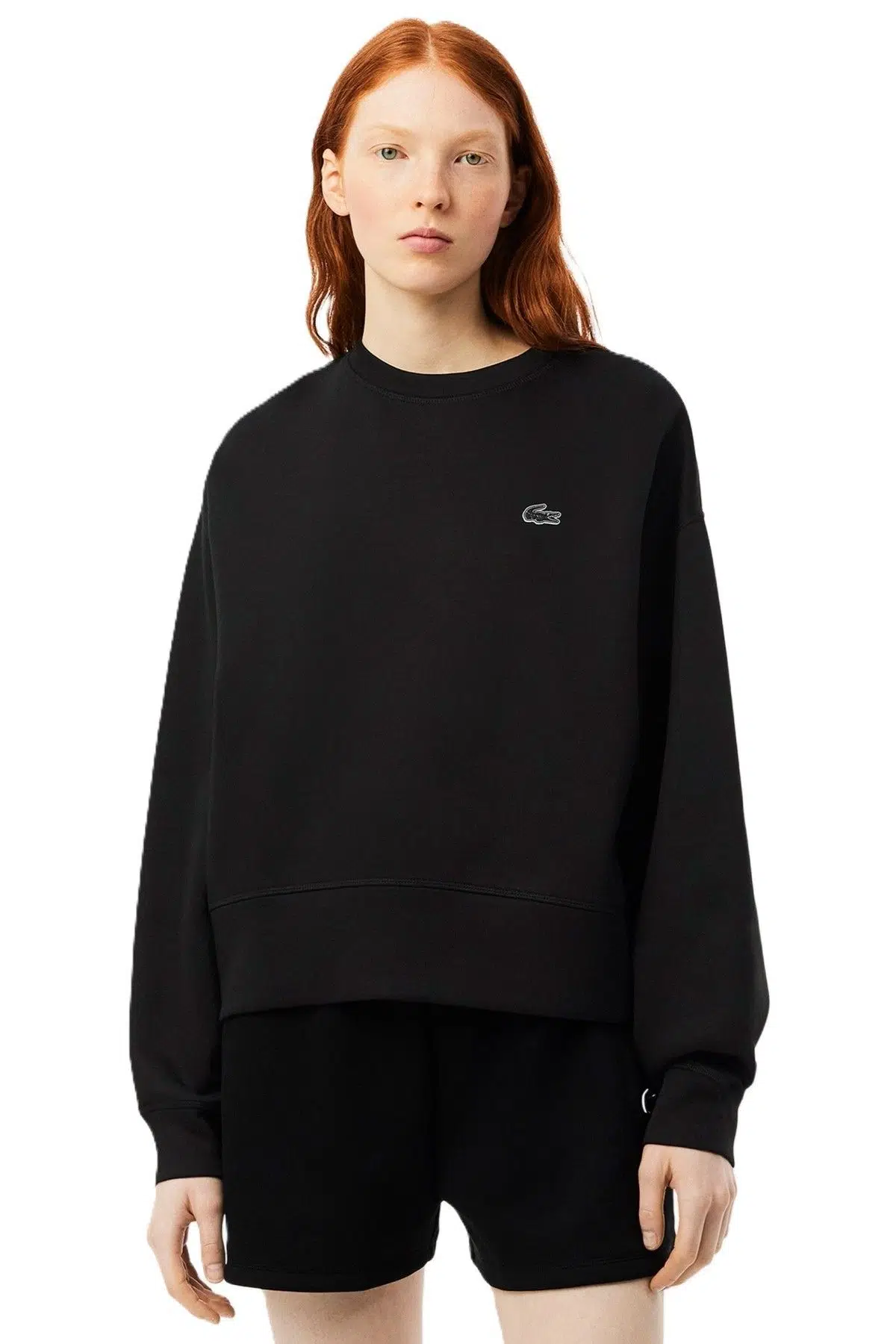 Lacoste Oversized Cotton Womens Sweatshirt Bol Kesim Bisiklet Yaka Pamuklu Kadın Sweatshirt Siyah