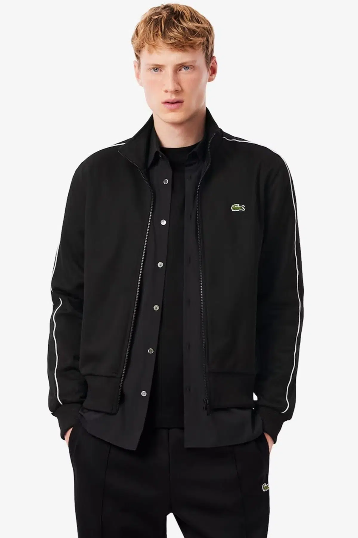 Lacoste Paris Pique Zip Front Track Jacket Dik Yaka Fermuarlı Erkek Swaetshirt Siyah
