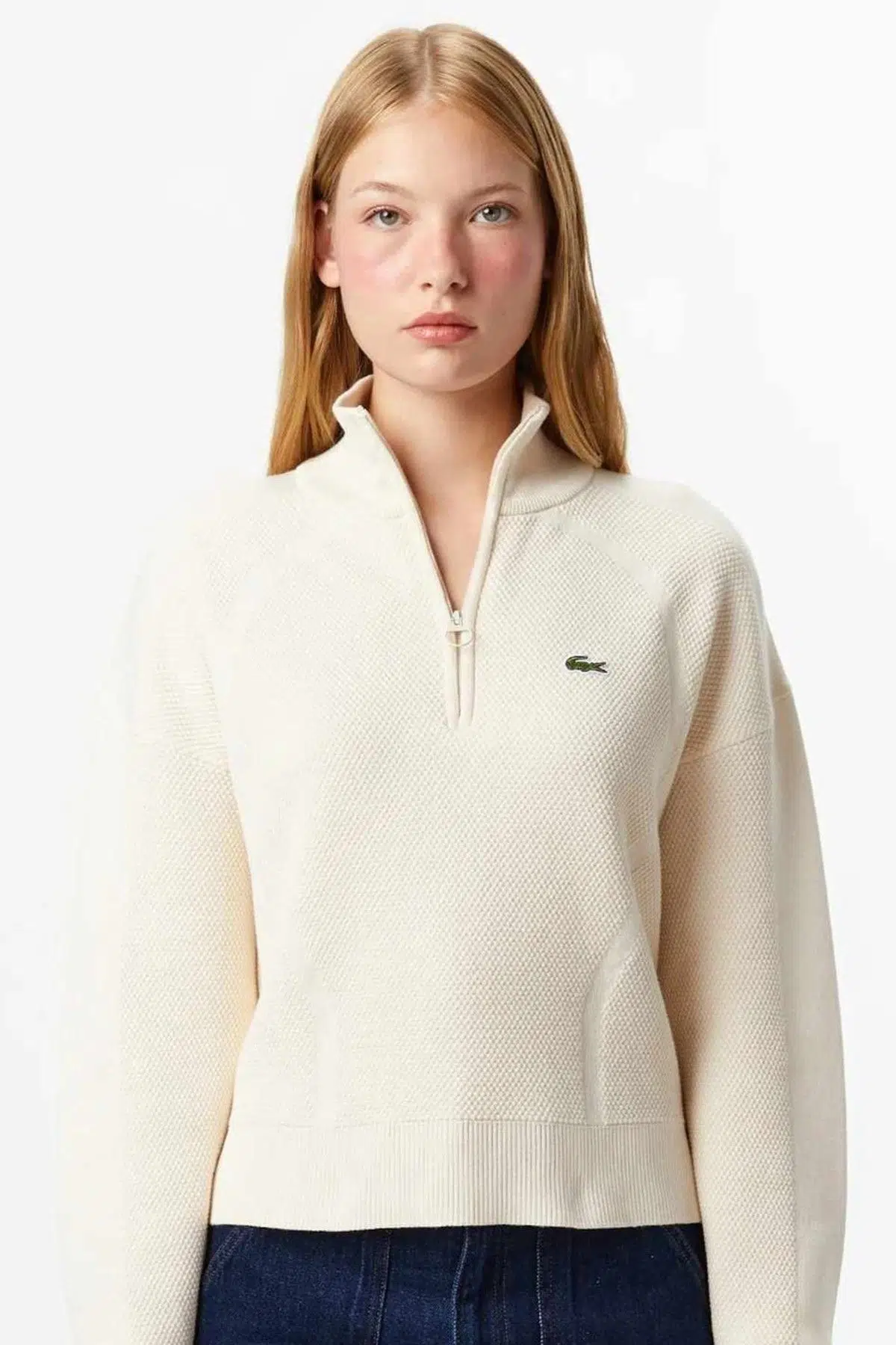 Lacoste Kadın Relaxed Fit Hakim Yaka Ribanalı Alt ve Kollar Dokulu Yarım Fermuarlı Kazak Krem