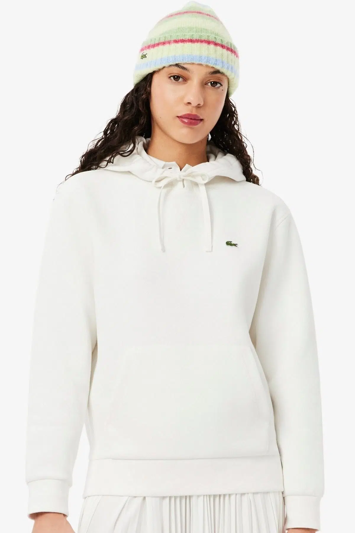 Lacoste Relaxed Fit Hoodie Cotton Sweatshirt Kadın Kapüşonlu Sweatshirt Beyaz