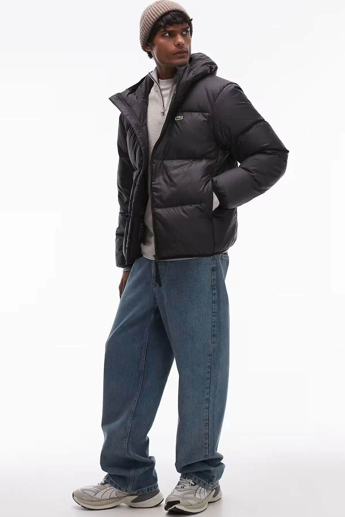 Lacoste Relaxed Fit Down Fill Jacket Kaz tüyü Dolgu Sabit Kapüşonlu Siyah Mont