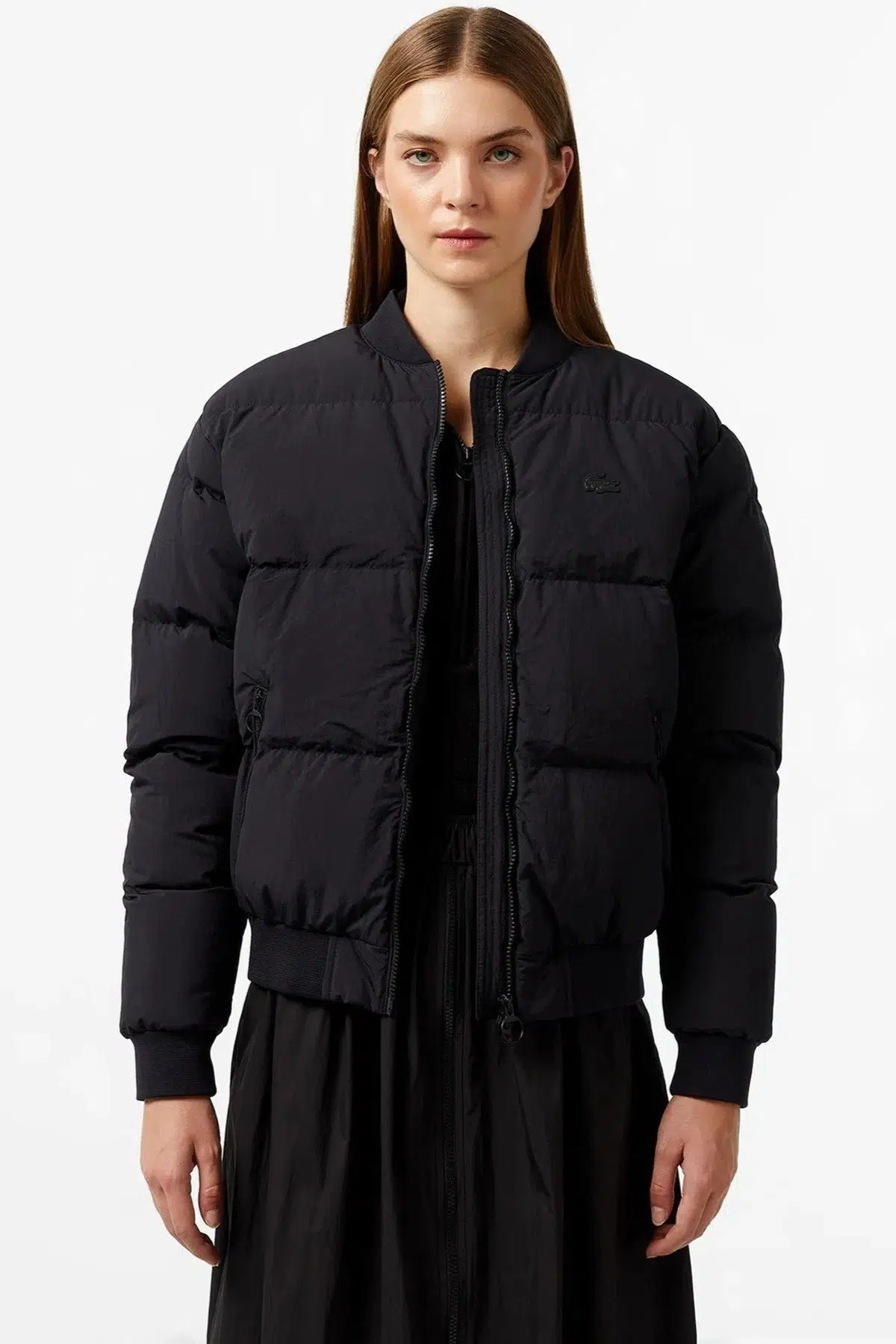 Lacoste Relaxed Fit Down Fill Jacket Kaztüyü Dolgu Dik Yaka Siyah Kadın Mont 
