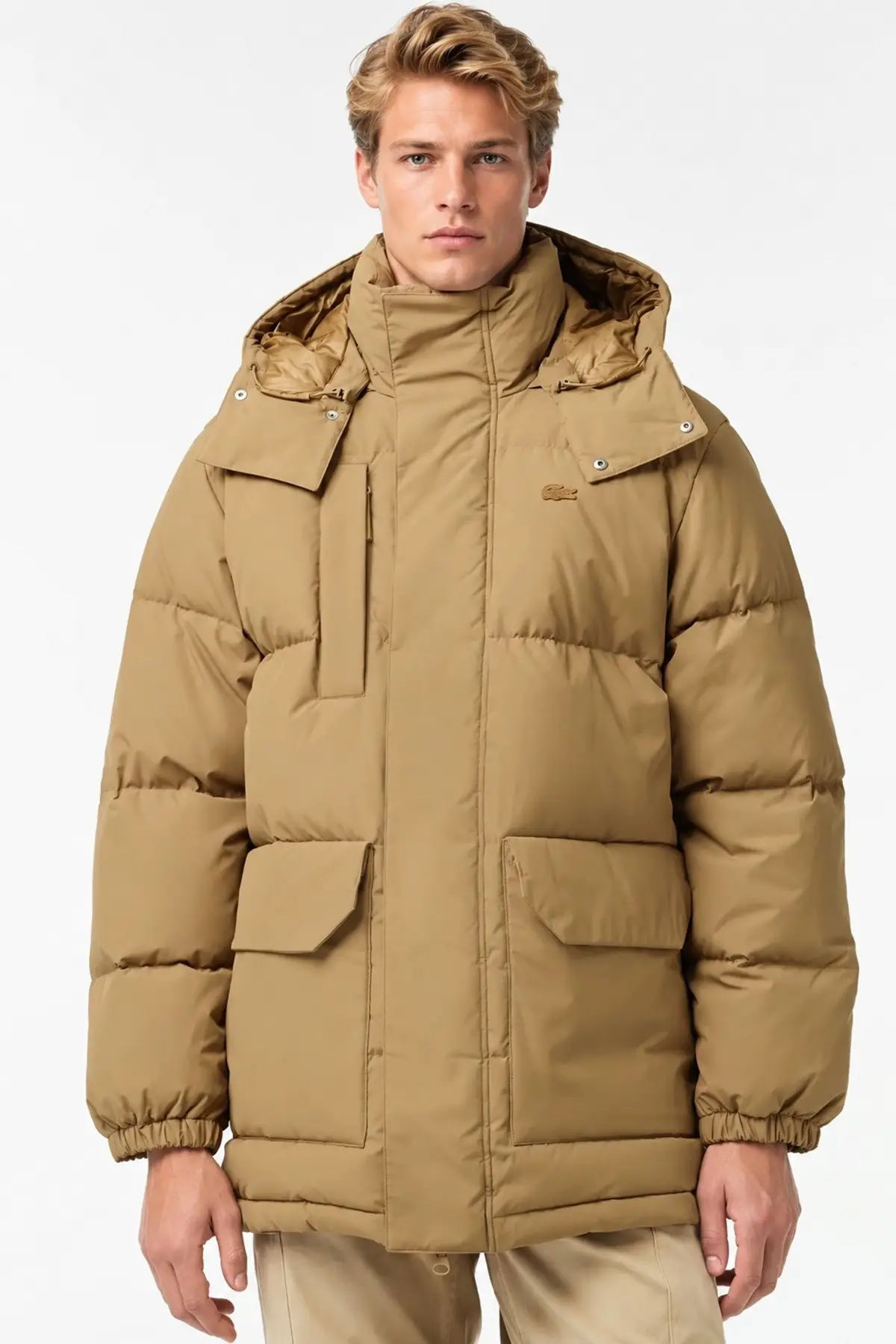 BH1583-SIX Lacoste Down Fill Jacket Erkek Çıkarılabilir Kapüşonlu Kapitone Rahat Kesim Suya Dayanıklı Kaz tüyü Mont Bej