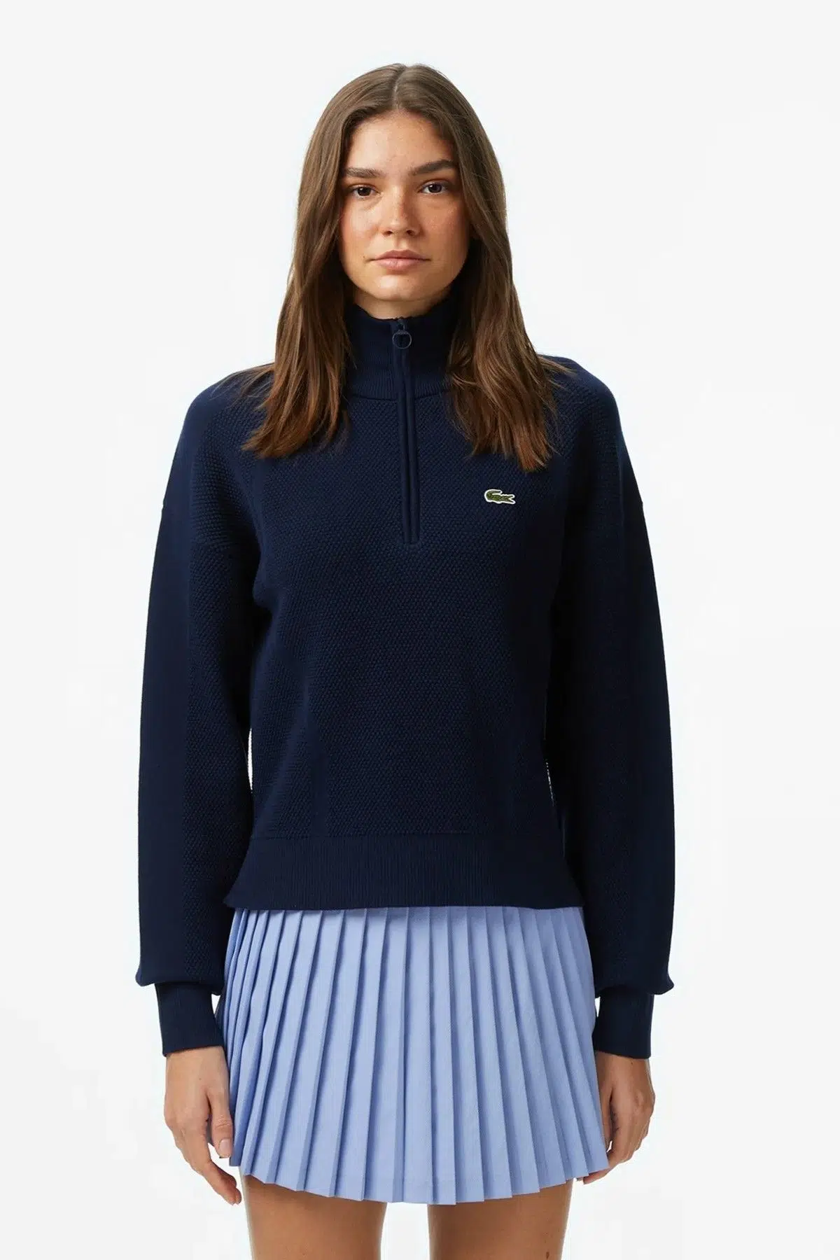 Lacoste Relaxed Fit Uzun Kollu Yarım Fermuarlı Kadın Triko Kazak Lacivert