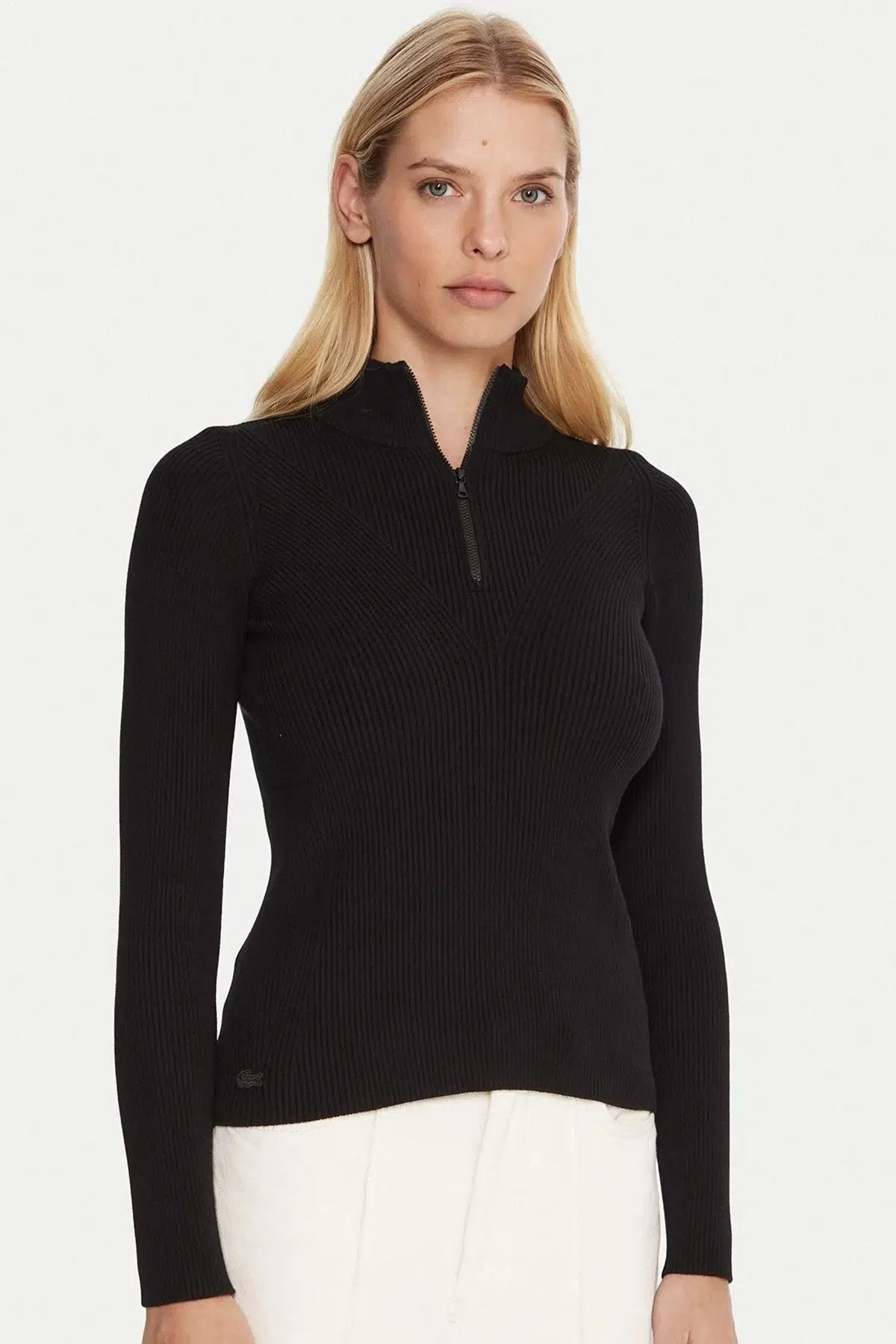 Lacoste Tight Fit High Neck 3D Ribbed Knit Sweater Kadın Dar Kesim Yarım Fermuar Tam Boy Fitilli Kazak Siyah