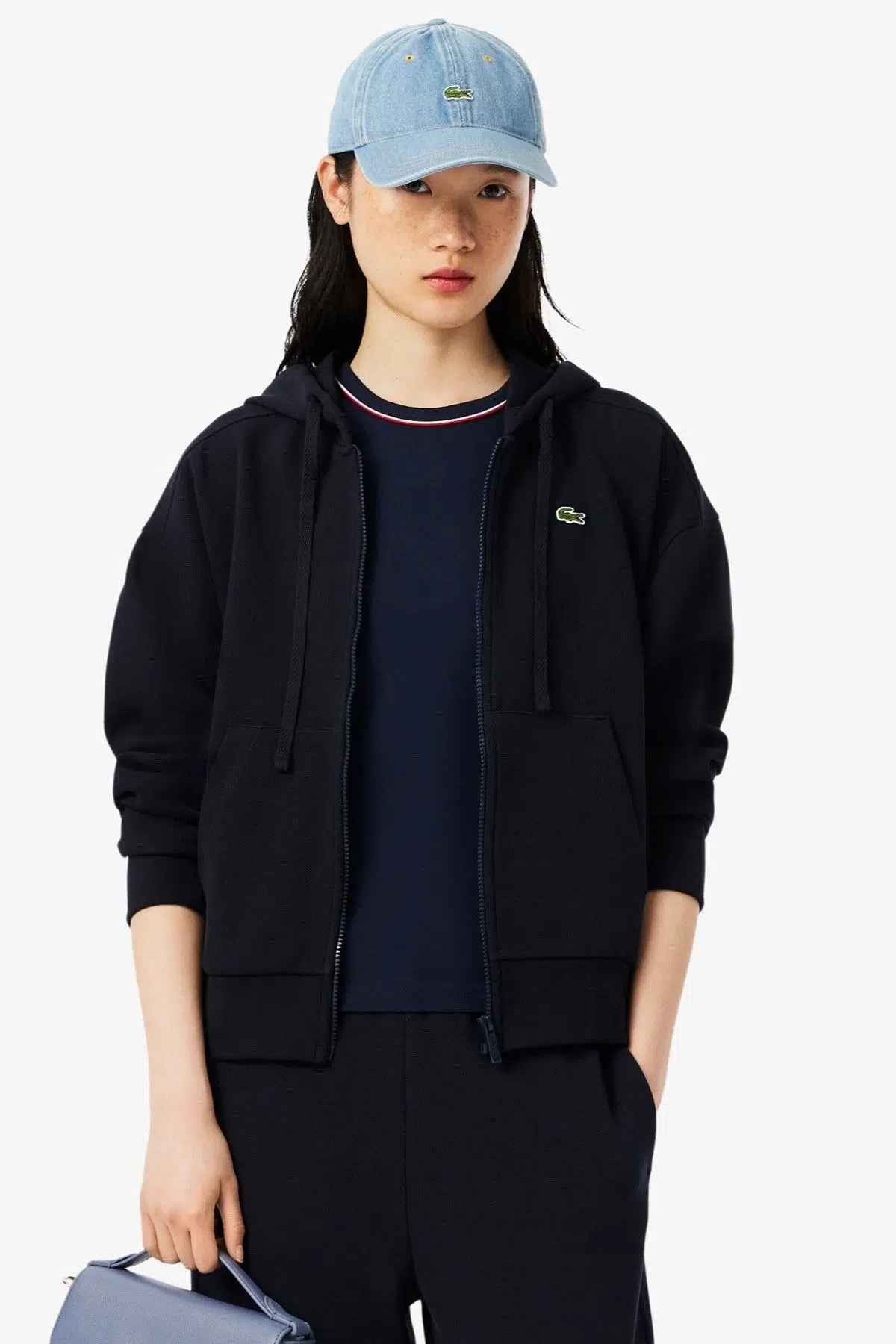 Lacoste Relaxed Fit Womens Sweatshirt Rahat Kesim Organik Pamuk Kapüşonlu Kadın Sweatshirt Lacivert