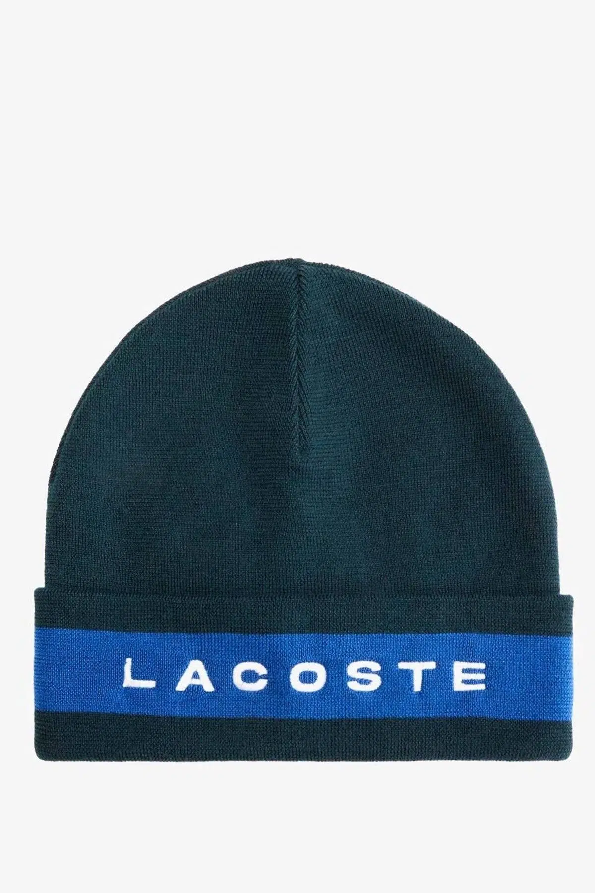 Lacoste Renk Bloklu %100 Yün Erkek Bere Koyu Yeşil Mavi Beyaz