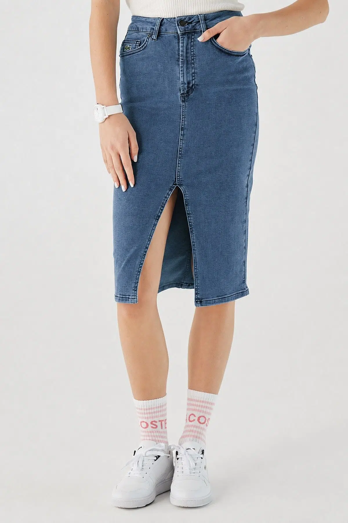 Lacoste Slim Fit Womens Skirt Dar Kesim Yırtmaçlı Kadın Kot Etek Lacivert