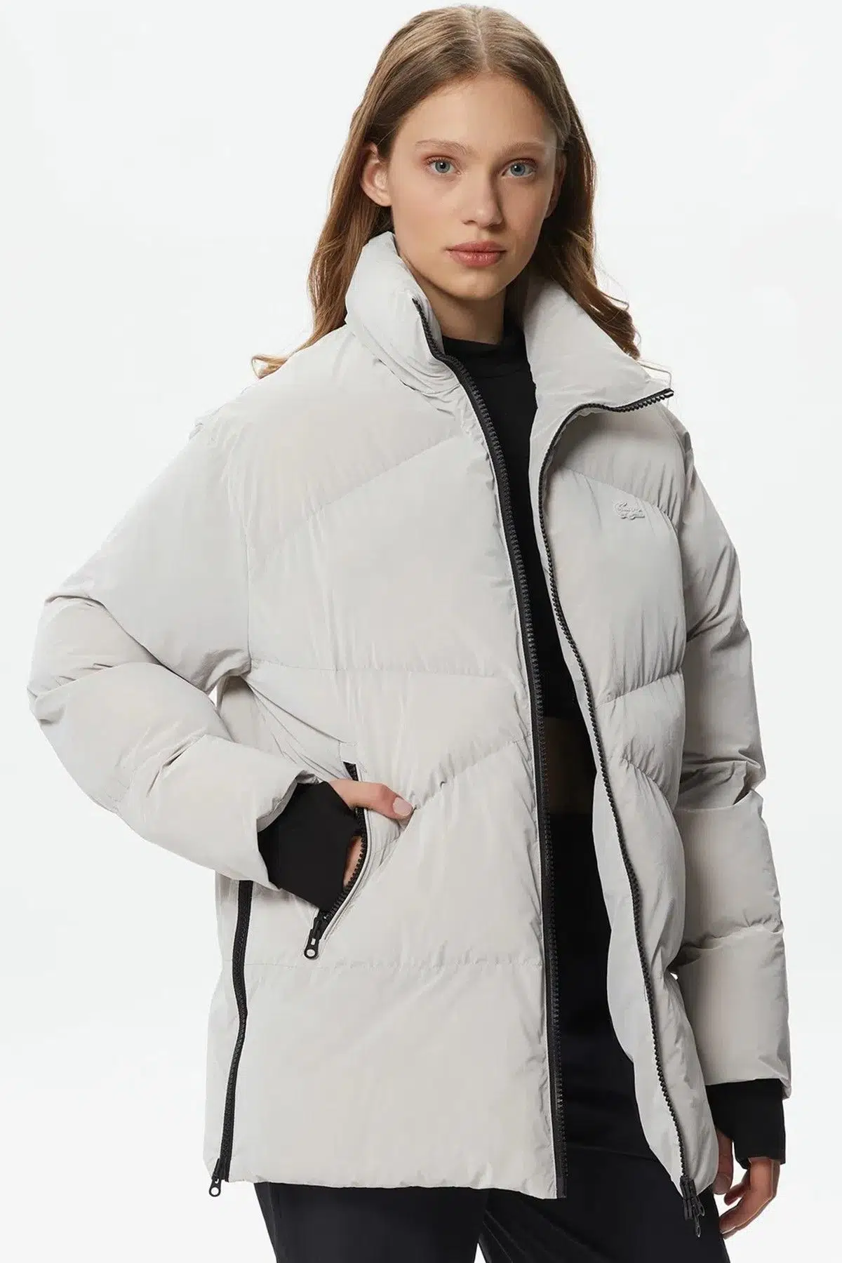 Lacoste Syntehic Fill Womens Jacket Dik Yakalı Dolgu Kadın Şişme Mont Gri