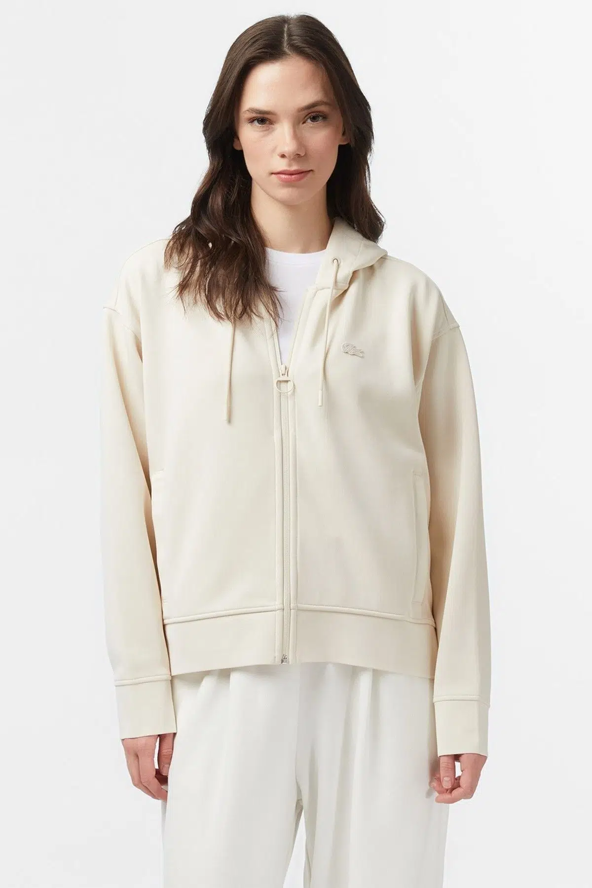 Lacoste Womens Relaxed Fit Sweatshirt Kapüşonlu Pamuklu Rahat Kesim Kadın Sweatshirt Krem