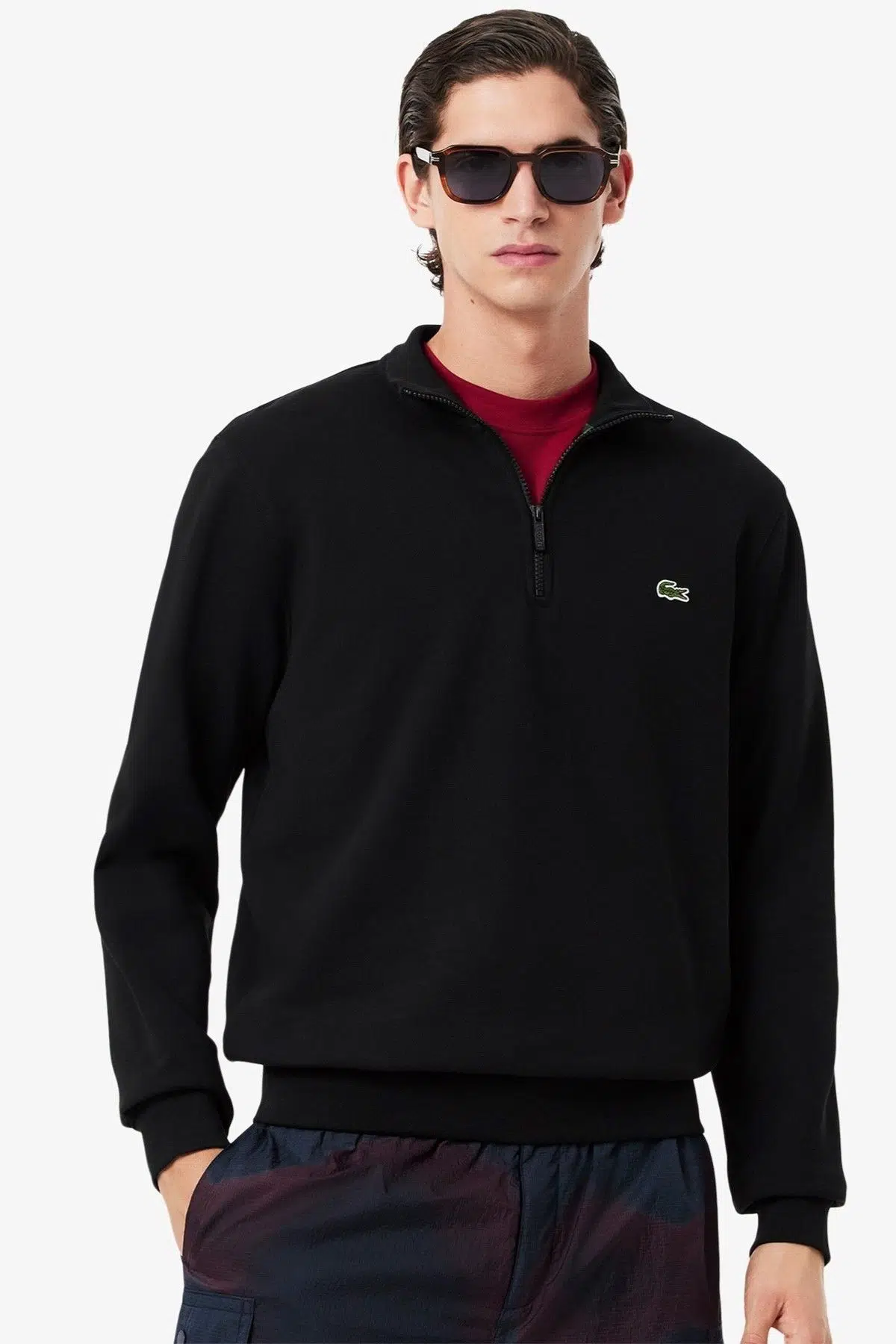 Lacoste Zip-Up Fleece Sweatshirt Black Fermuarlı Dik Yaka Pamuklu Erkek Sweatshirt Siyah