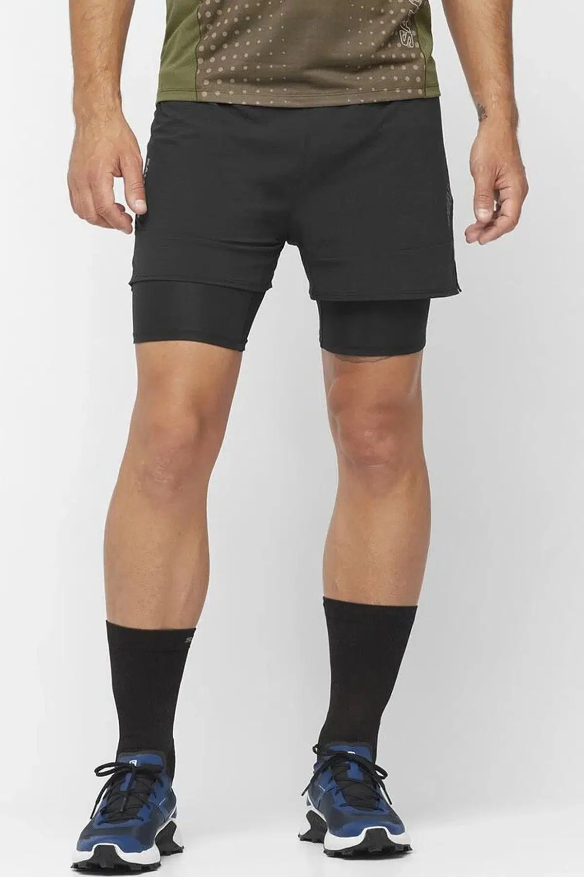 Salomon Sense Aero 2 in 1 Men's Shorts Erkek Taytlı Reflektörlü Çok Cepli Koşu Şortu Siyah