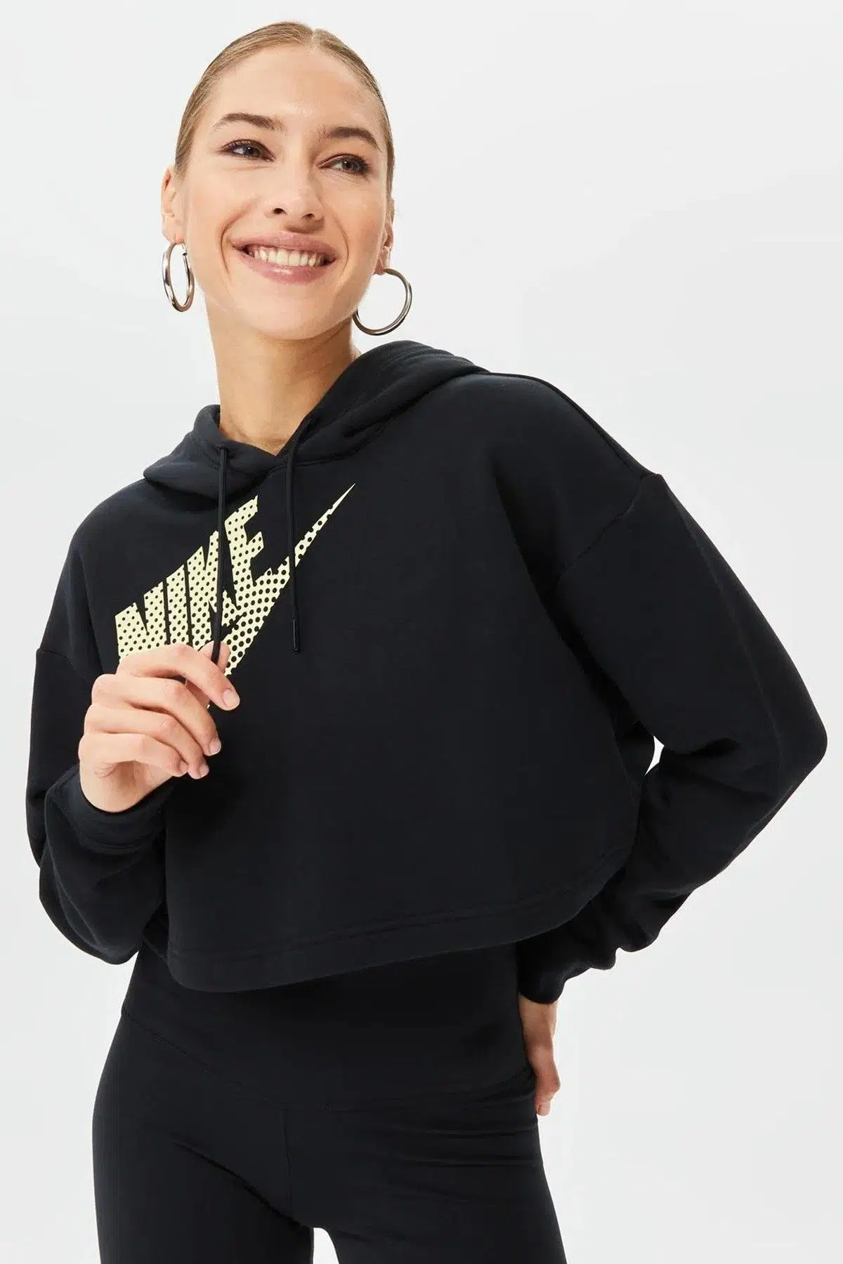 Nike Sportswear Fleece Crop Loose Fİt Hoodie Kadın Kapüşonlu Kısa Bol Kesim Sweatshirt Siyah