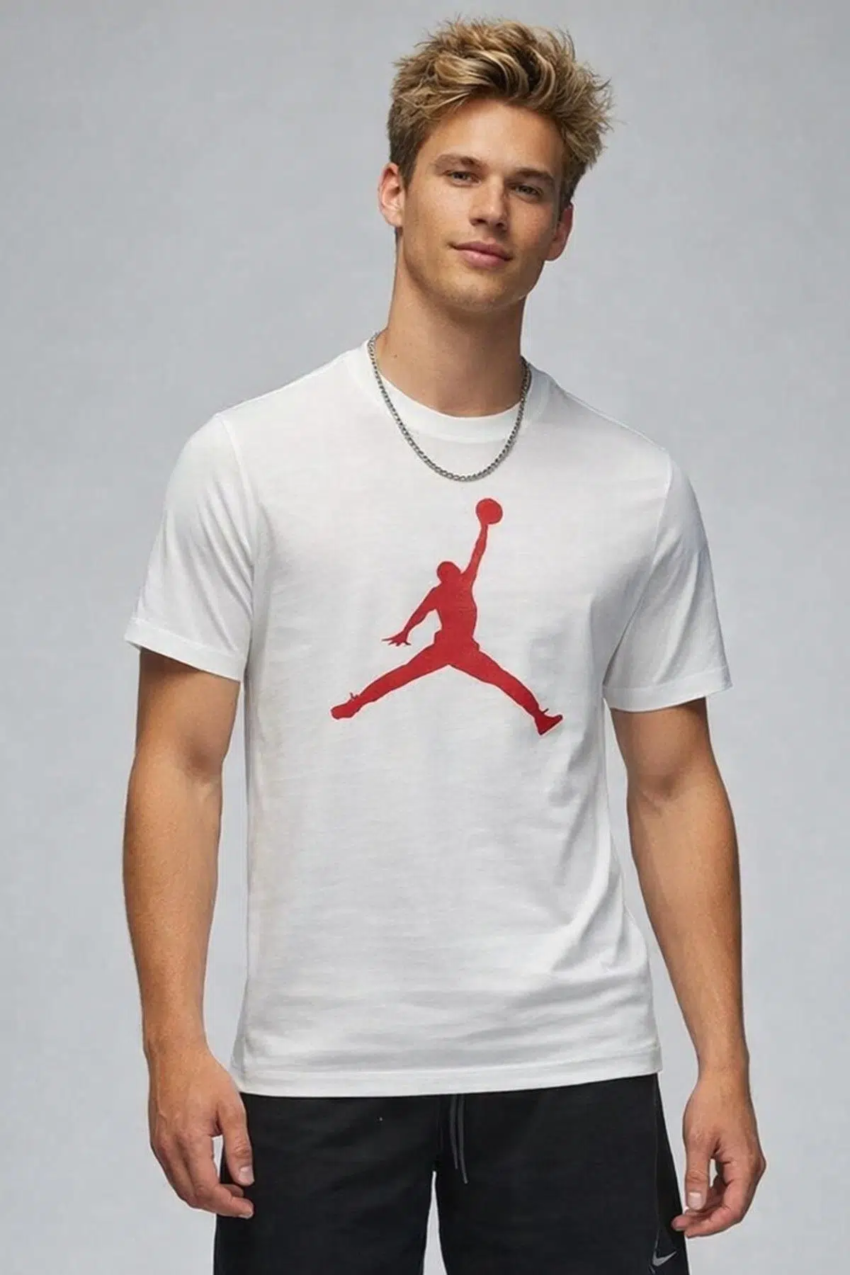Nike Air Jordan Jumpan Short-Sleeve Crew Grafik Baskılı Erkek Günlük Tişört Beyaz Kırmızı 