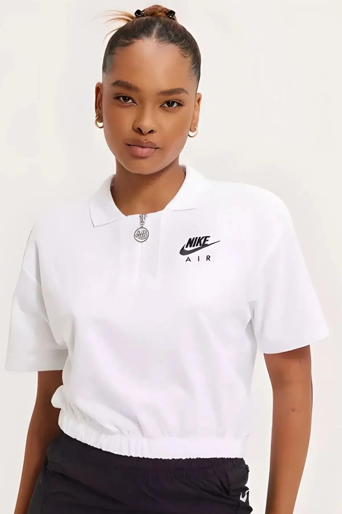 Nike Air Pique Polo Crop Tee Loose Fit Bol Kesim Polyester Kısa Tişört Beyaz