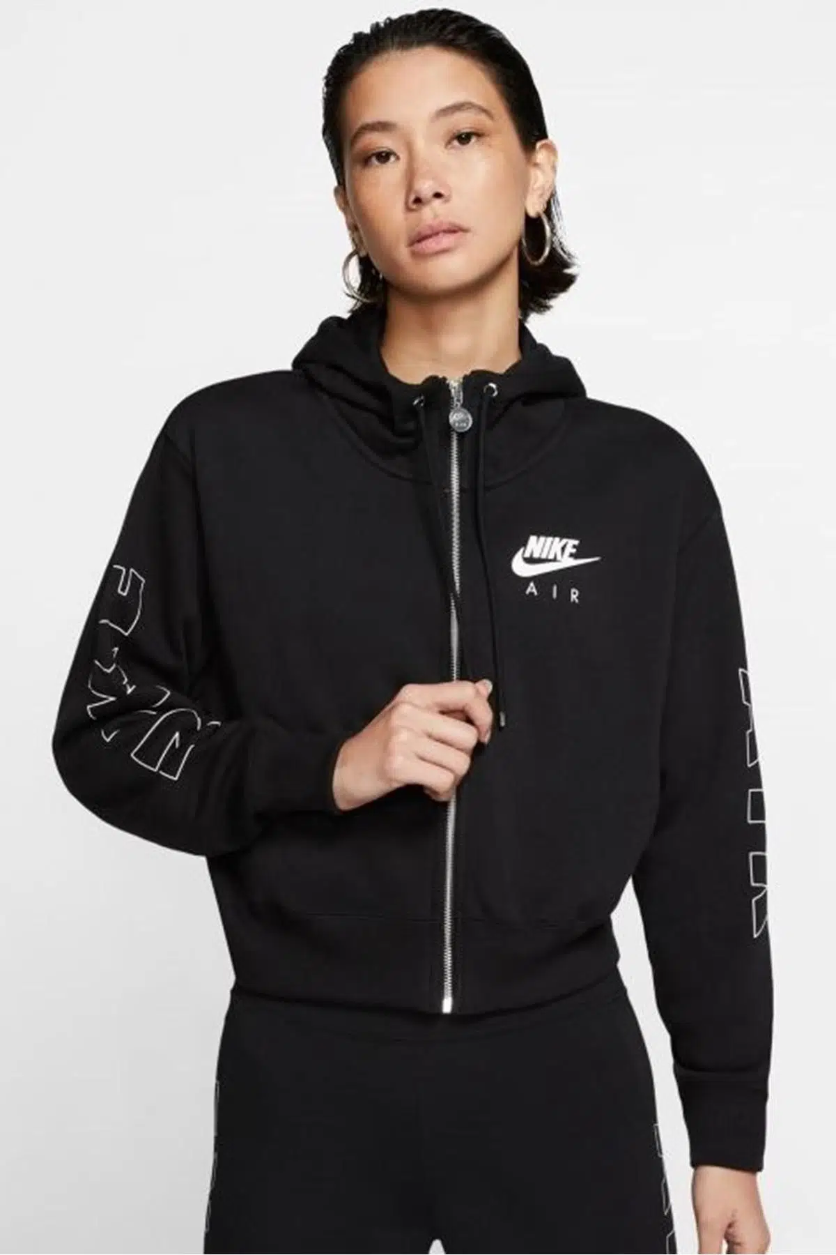Nike Air Sportswear Fleece Cropped Loose Fit Full Zip Hoodie Kapüşonlu Bol Sweatshirt Siyah 