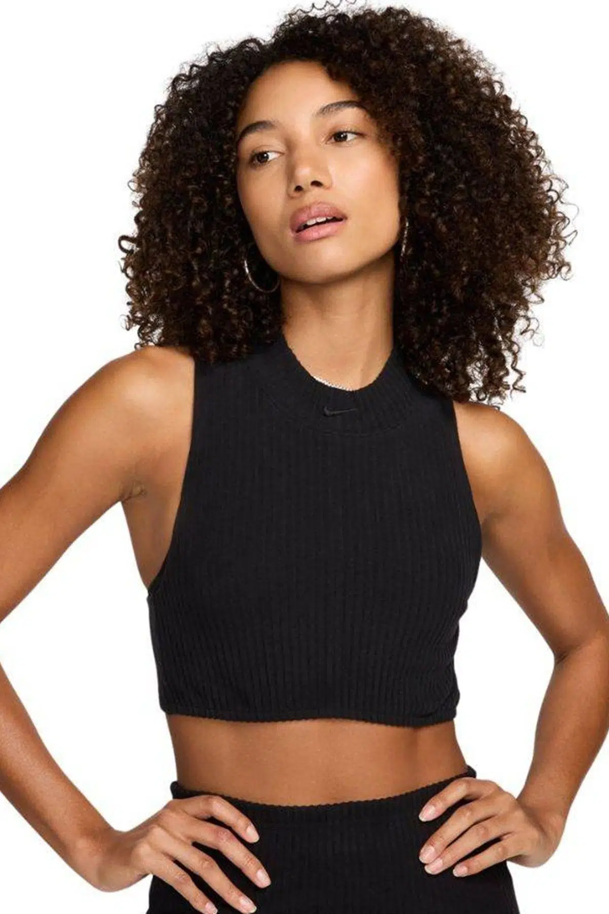 Nike Tight Fit Mock Neck Crop Tank Top Kadın Crop Dar Kesim Yüksek Yaka Fitilli Jarsey Atlet Siyah