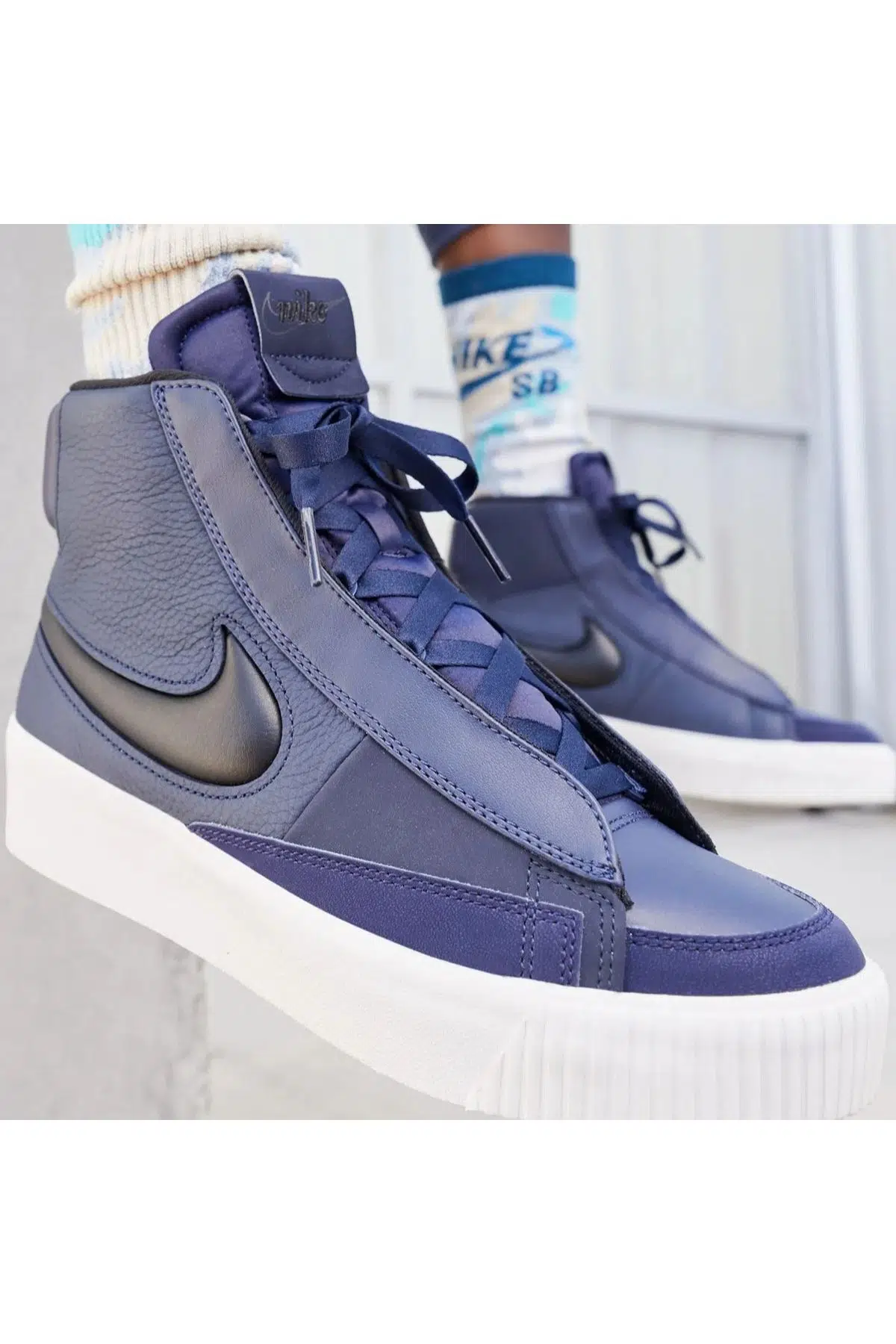 Nike Blazer Mıd Victory Leather Womens Sneaker Hakiki Deri Bilekli Kadın Günlük Spor Ayakkabı Lacivert
