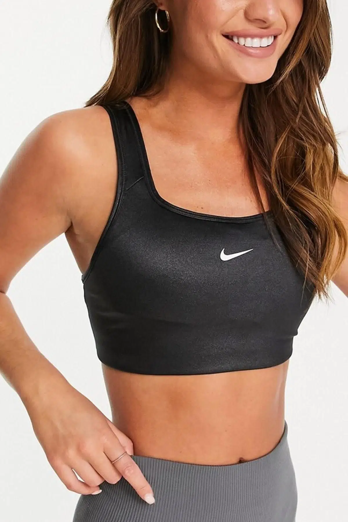 Nike Dri Fit Swoosh Women's Black Sports Top Kadın Hafif Parlak Pedli Siyah Bra