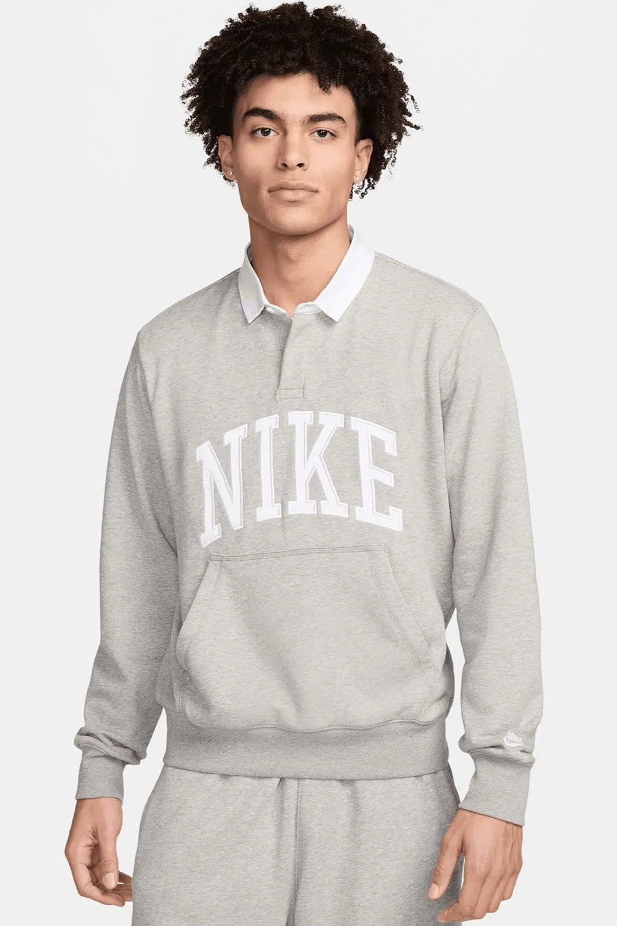 Nike Clup Fleece Long-Sleeve Fleece Polo Mens Sweatshirt Erkek Pamuklu Polo Yaka Sweatshirt Gri