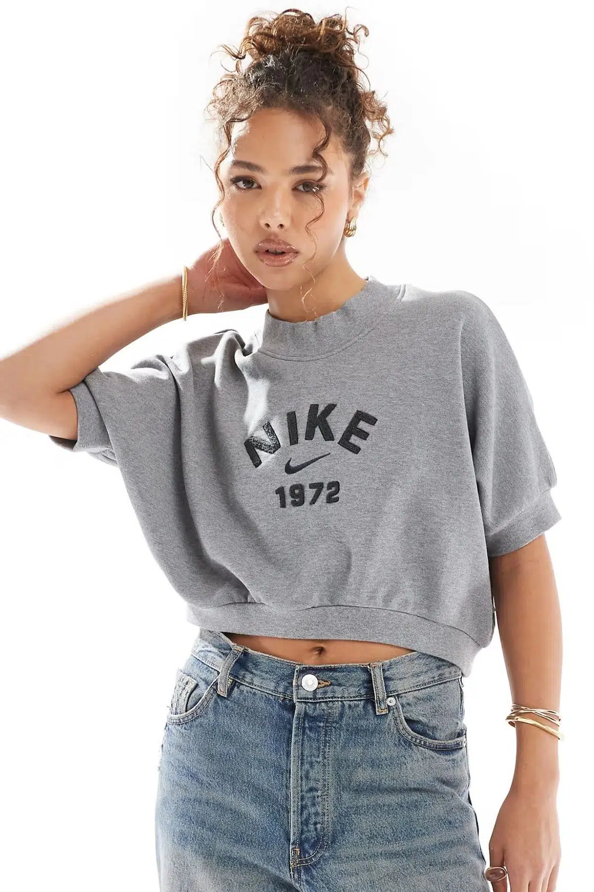 Nike Crop Loose Fit French Terry Short Sleeve Top Kadın Bol Kesim Crop Kısa Kollu Sweatshirt Gri