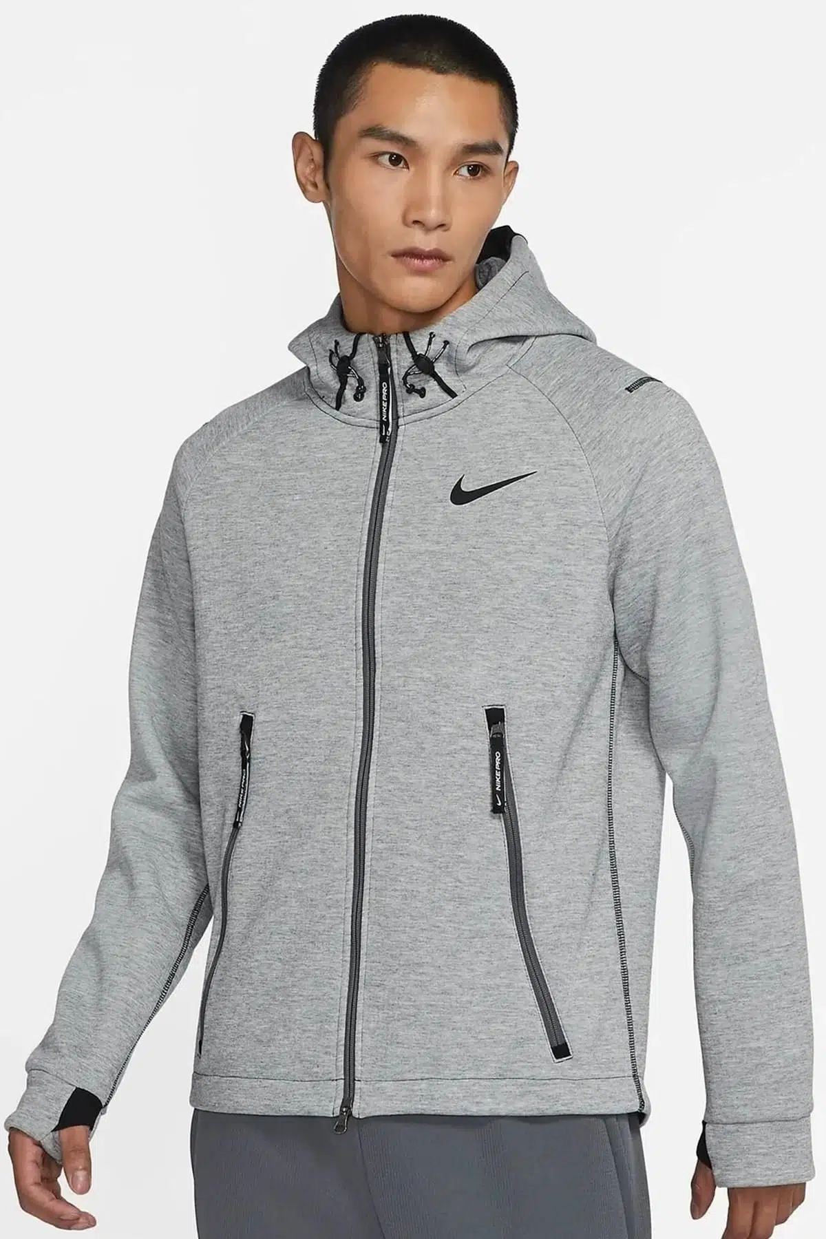 Nike Pro Therma Fit Tam Boy Fermuarlı Fleece Erkek Kapüşonlu Sweatshirt Gri