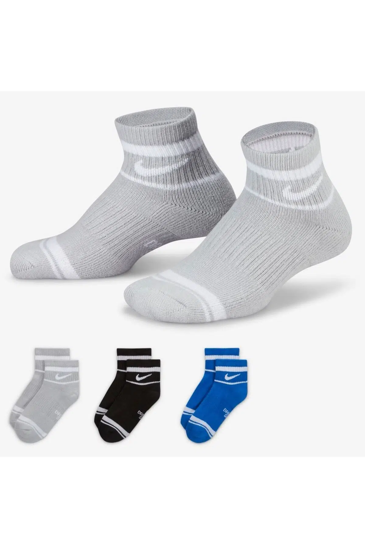 Nike Dri Fit Everyday Cushined Ankle Unisex Socks Yarım Bilek 3 çift Çorap Gri-Mavi-Siyah