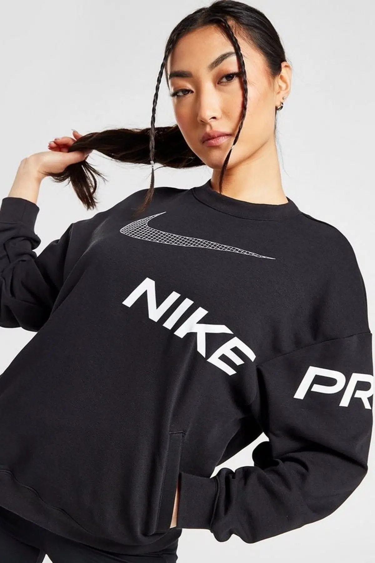 Nike Dri-Fit French Terry Graphic Running Womens Sweatshirt Kadın Cepli Bol Kesim Koşu Sweatshirt Siyah