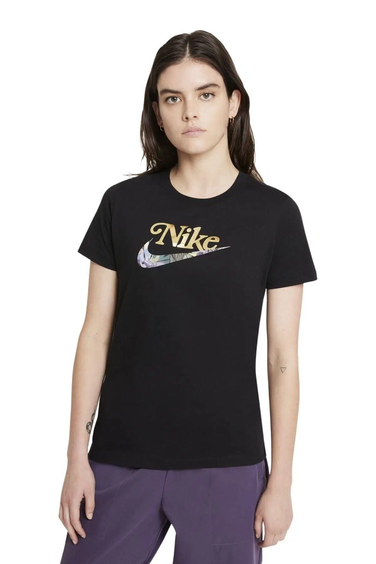 Nike Sportswear Floral Swoosh Short-Sleeve Kadın Tişört - Siyah