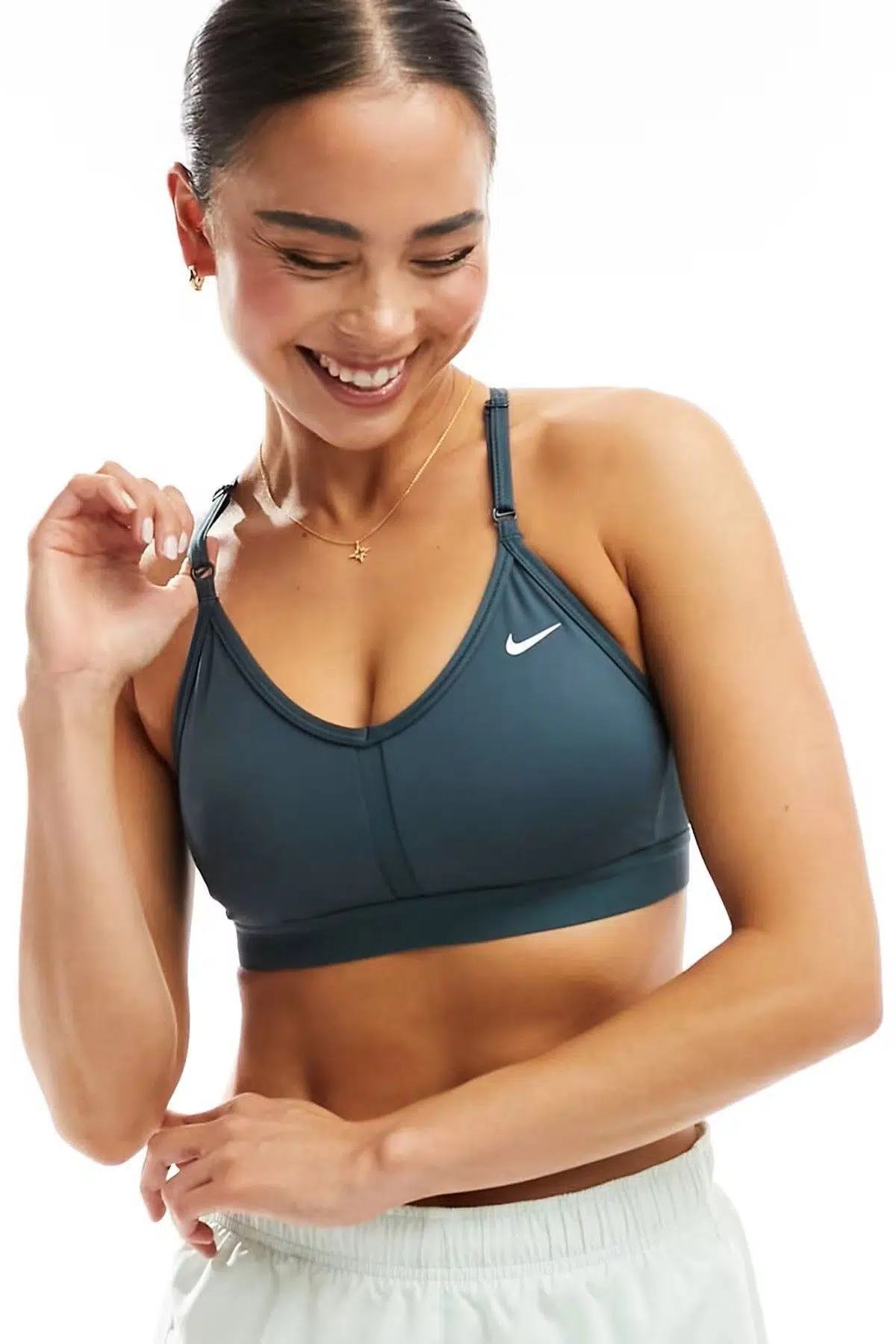 Nike Dri Fit Indy V Neck Light Support Womens Bra Khaki Kadın Sporcu Sütyeni Petrol Yeşili