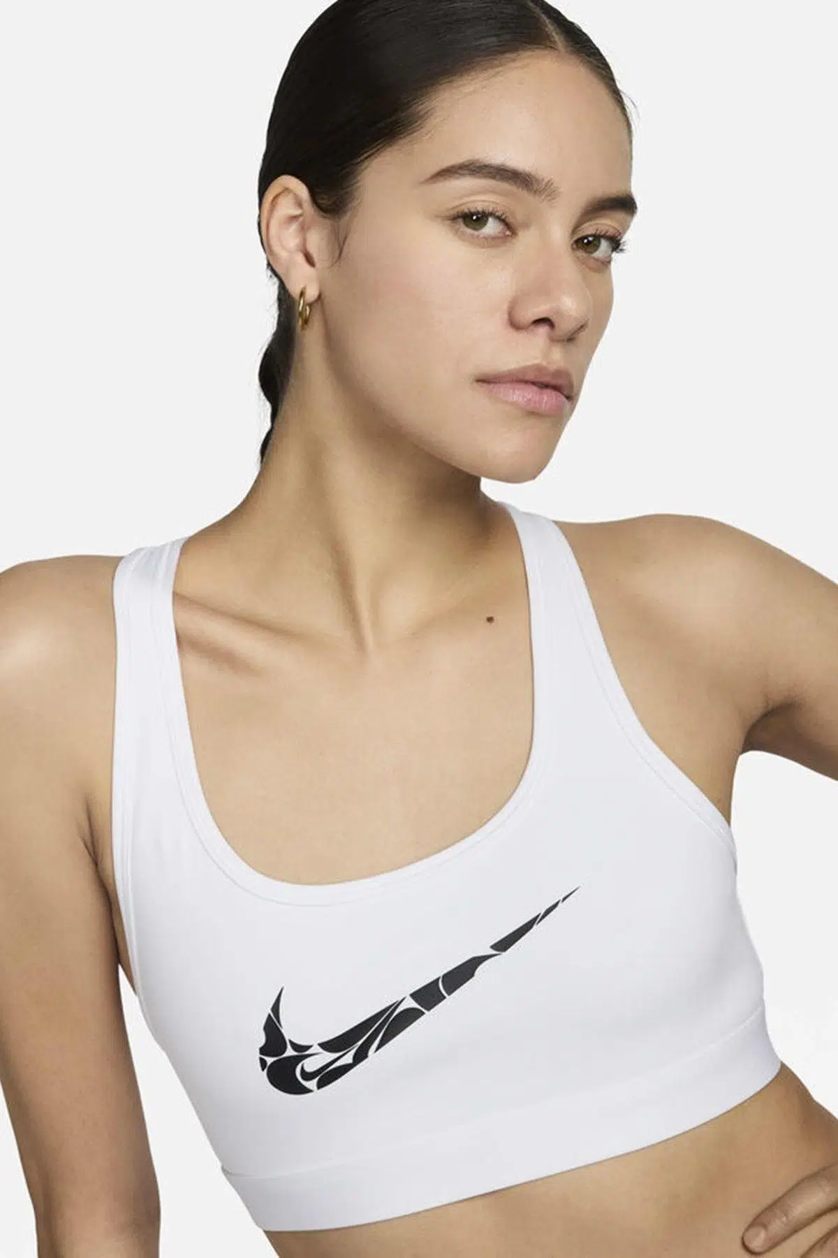 Nike Dri-Fit Swoosh Graphic Light Support Bra White Black Kadın Spor Bra Beyaz
