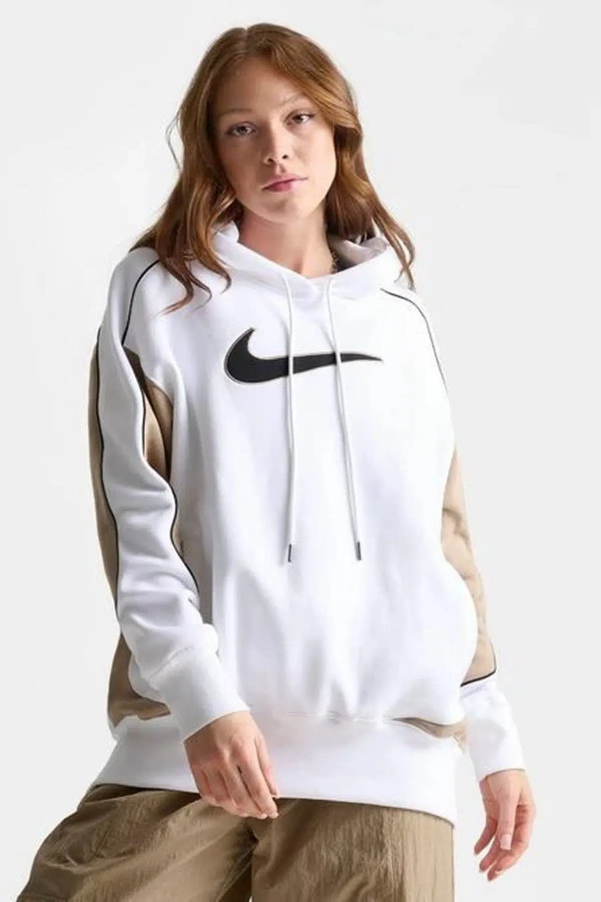 Fleece Overssize Pullover Women's Hoodie Kadın Oversize Kapüşonlu Sweatshirt Beyaz
