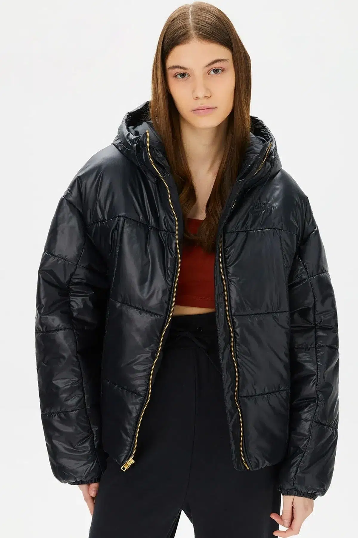 Nike Terma Fit Synthetic Fill Loose Fit Classic Puffer Shine Kadın Bol Kesim Şişme Mont Siyah
